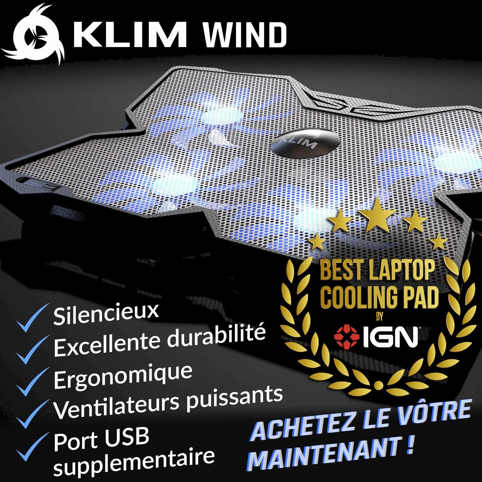KLIM Wind Refroidisseur Ordinateur Portable 4 Ventilateurs Silencieux PC Portable PS5 PS4 Blanc Bleu