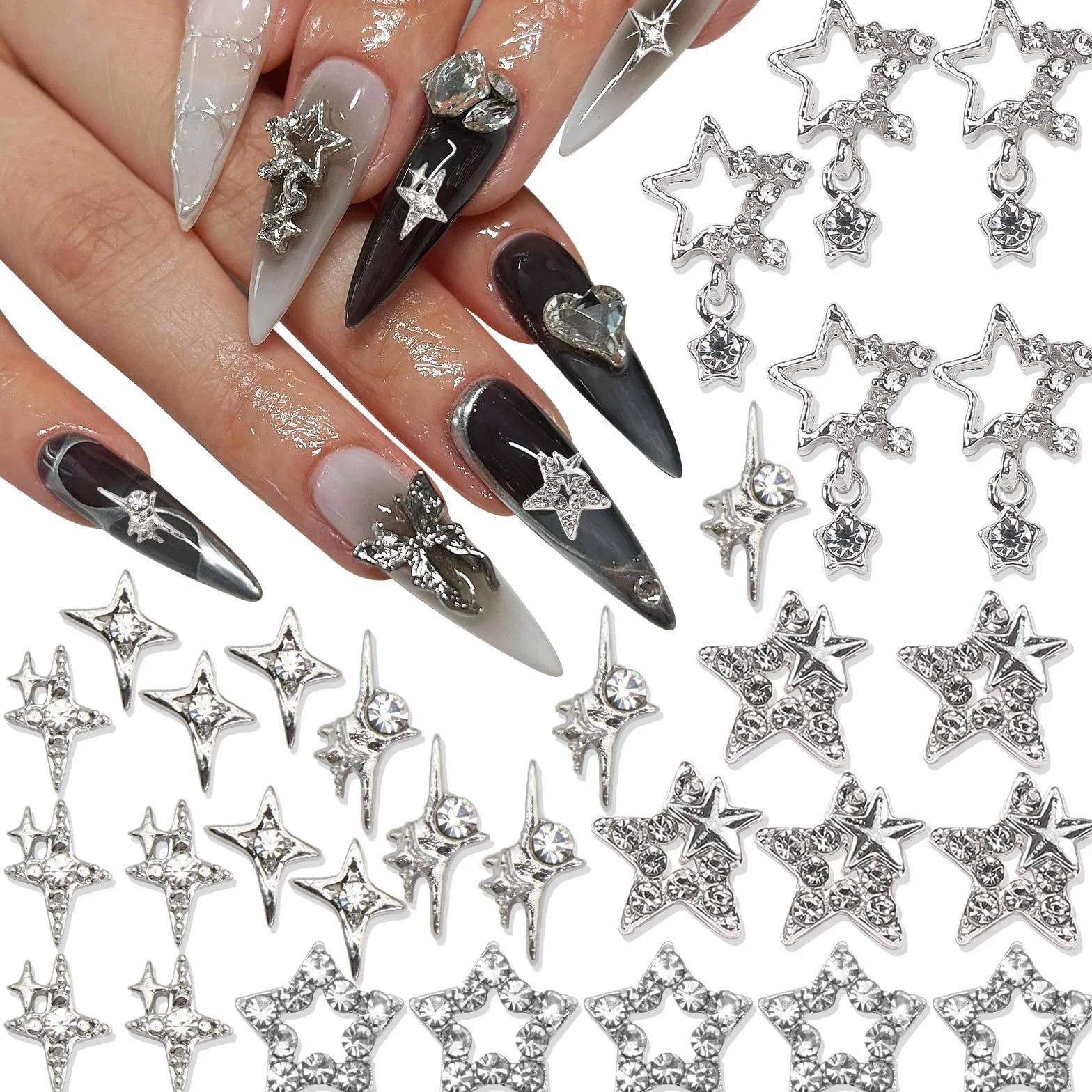 Charmes à ongles étoile 3D argent brillant, pierres à ongles, bijou ongle lumière d'étoile, Y2K, pour ongles acrylique décoration scintillants
