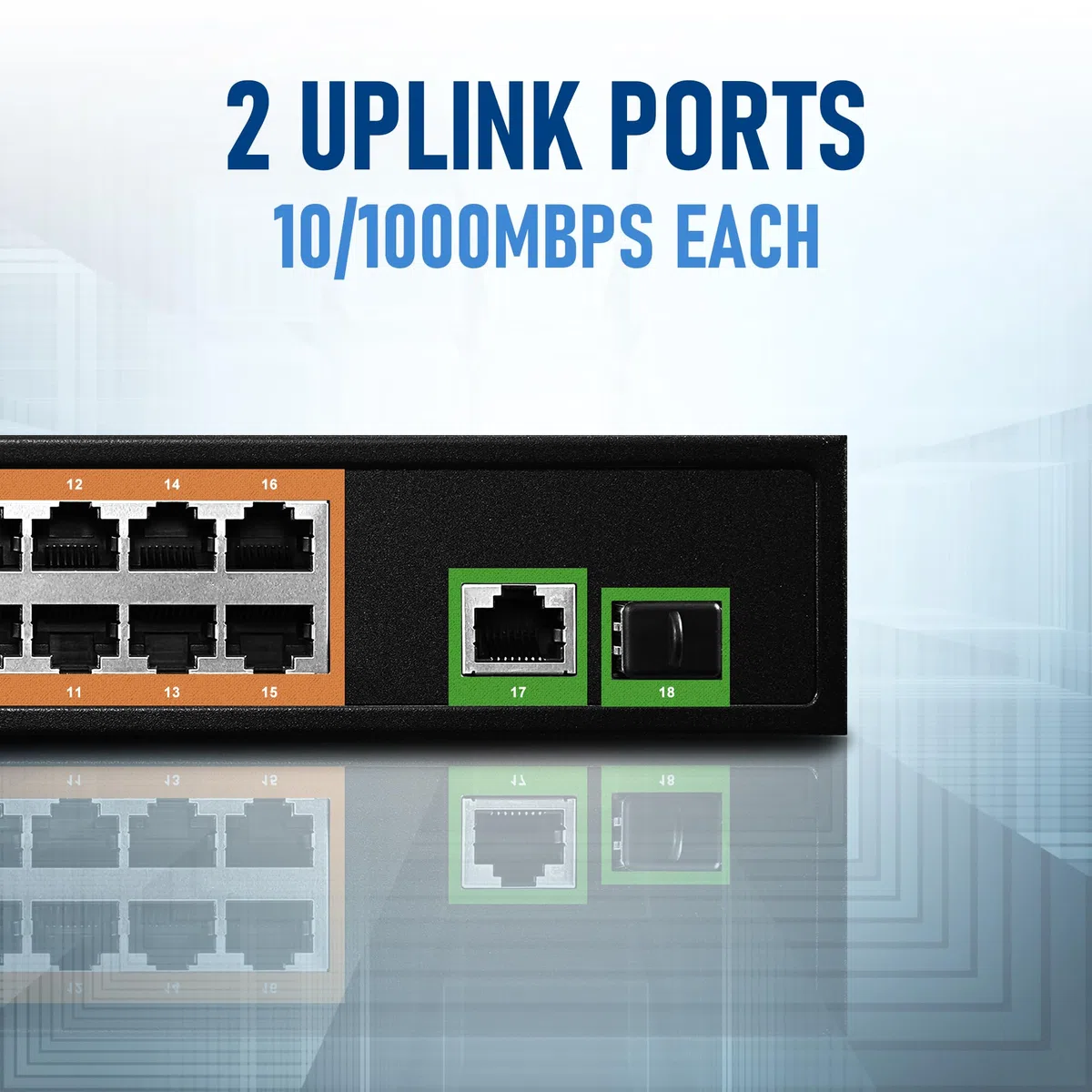 BV-Tech Commutateur Switch 18 Ports PoE+ (16 Ports POE+ | 2 Gigabit Uplink) – 130W – 802.3at – POE-SW1602A