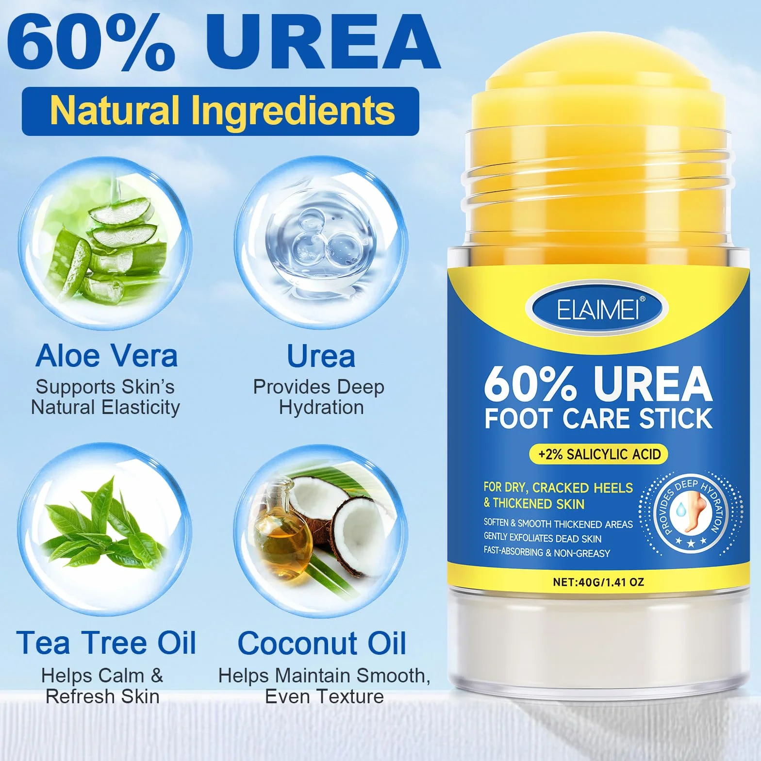 Bâton Réparateur Pieds Urée 60% Acide Salicylique 2% Soin Intensif Talons Fendillés Peau Très Sèche Stick Hydratant Absorption Rapide