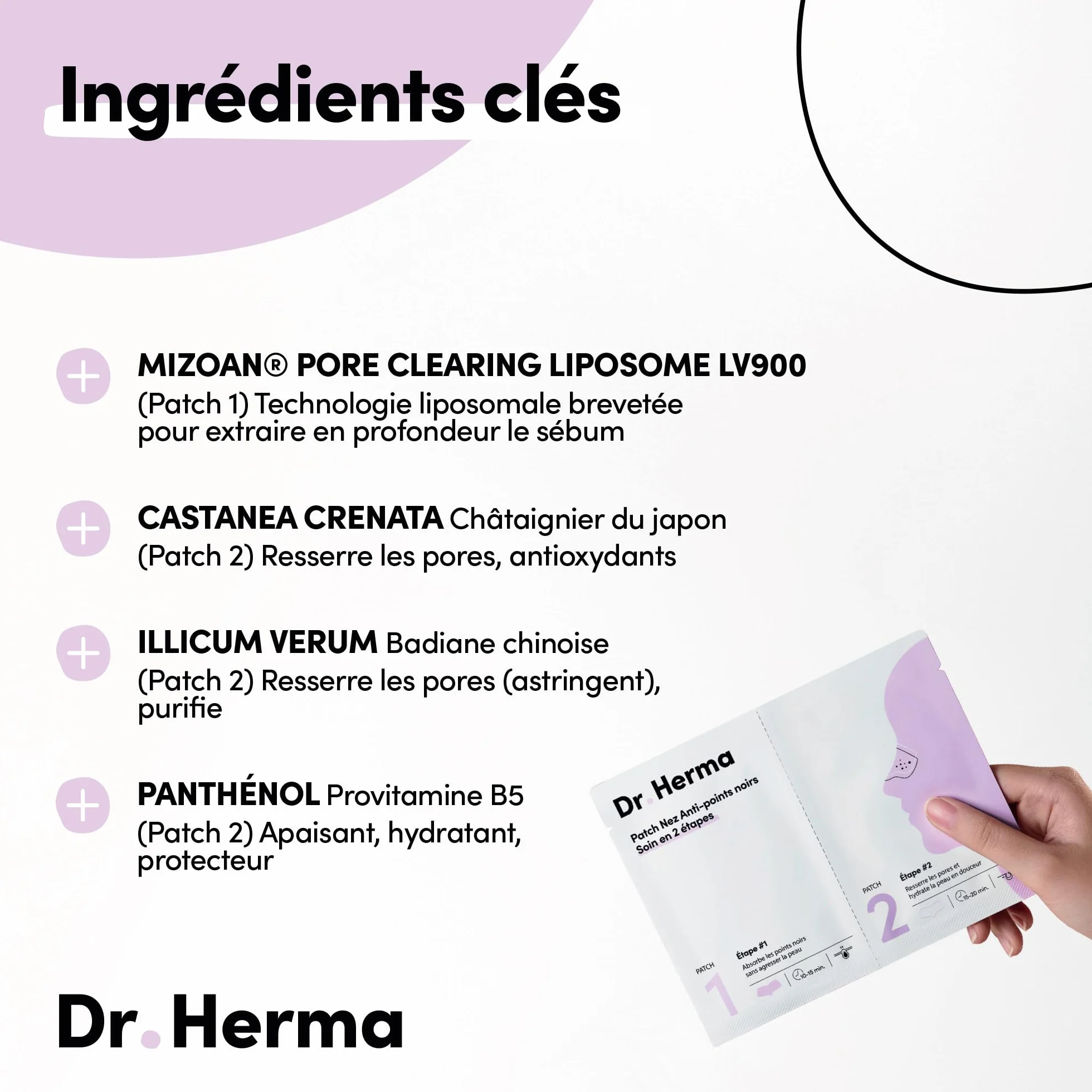 Dr Herma Patch Nez Point Noir 2 étapes Format Nez Purifie Désincruste Ressere les Pores Patch Nasal Anti Imperfection Visage