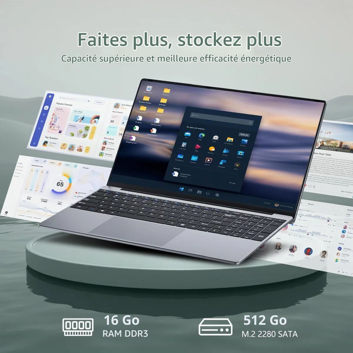 Ordinateur Portable 15.6" PC Portable Win 11 Core i5-7Y54 Processeur(Jusqu'à 3,2 GHz) Office 365, 16 Go RAM SSD 512 Go, Laptop FHD IPS Clavier Rétroéclairé, WiFi 5, Bluetooth 4.2 Mini-HDMI USB 3.0