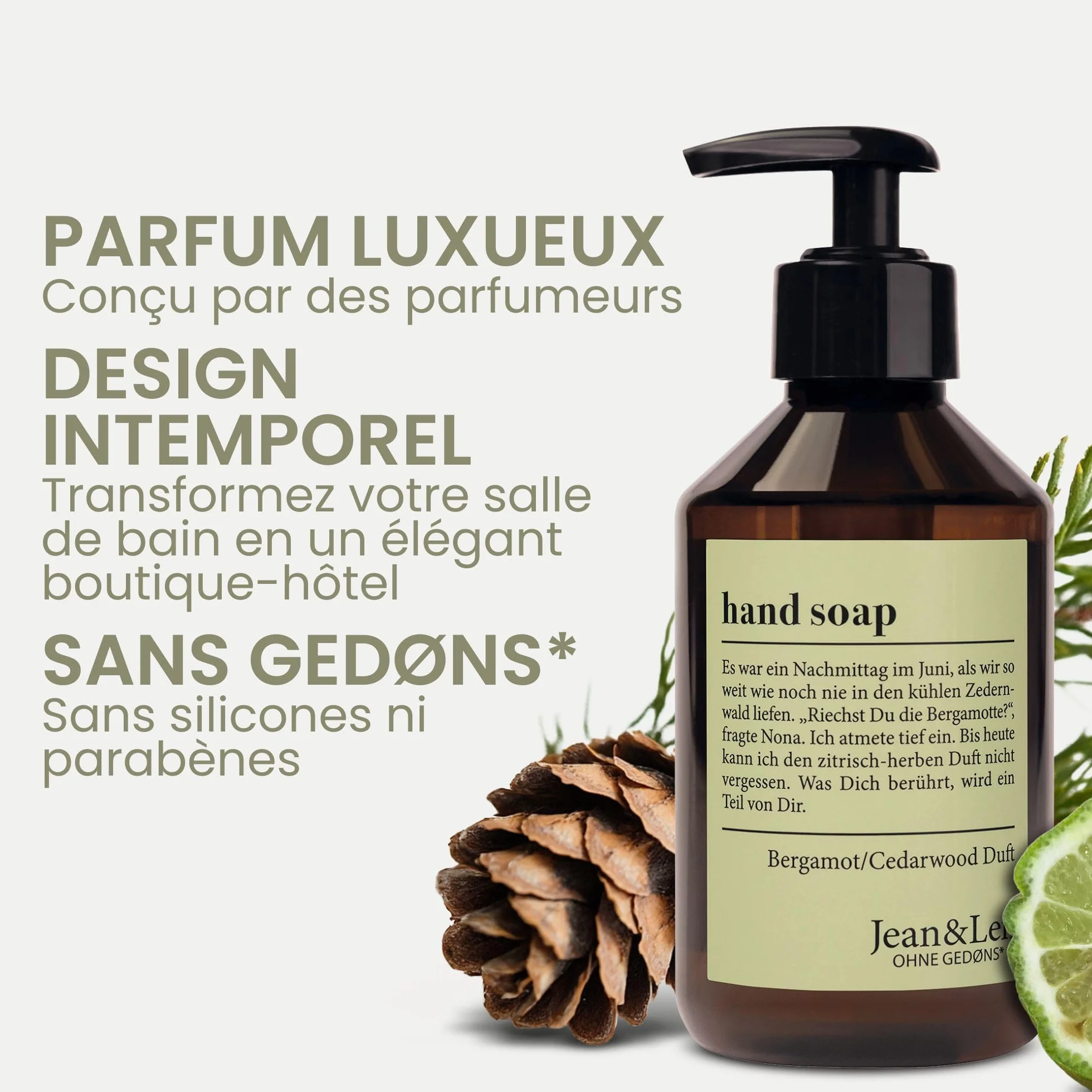 Jean & Len Savon mains Bergamot & Cedarwood, liquide en distributeur, 250 ml, végane