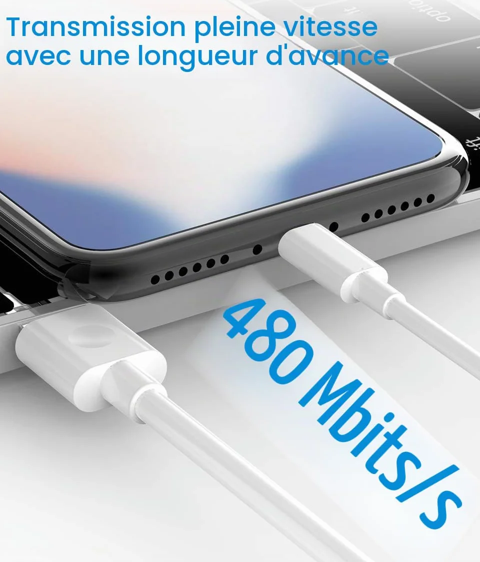 Quntis Lot de 3 Câble de Chargeur iPhone 2M, MFi Certifié, Fil Lightning Rapide pour iPhone 11 12 13 14 Pro Mini XS Max XR X 8 7 6s 6 Plus 5 Se iPad, Blanc