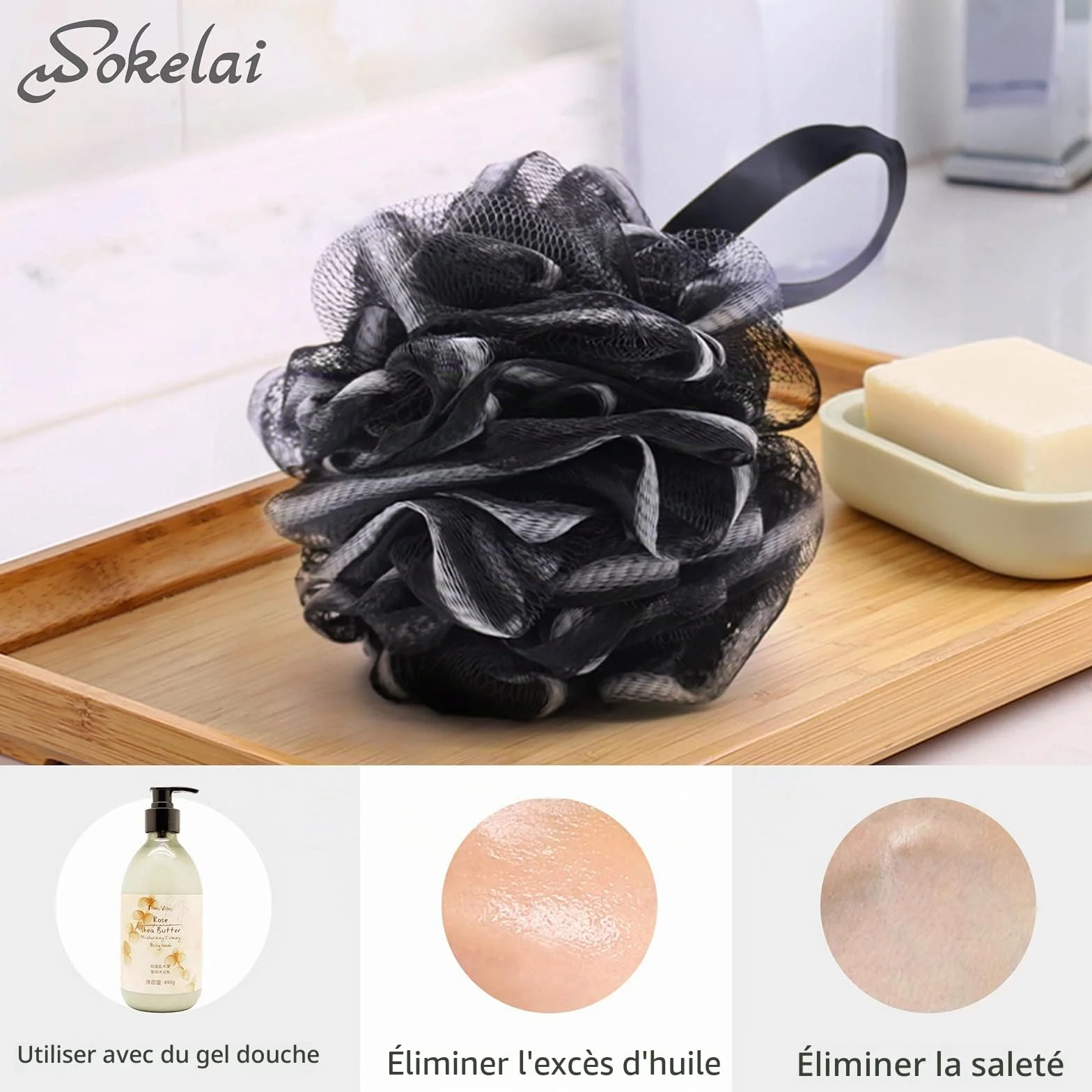 Lot de 3 éponges de bain en maille XL 75 g Luffa loofa pour femmes hommes enfants