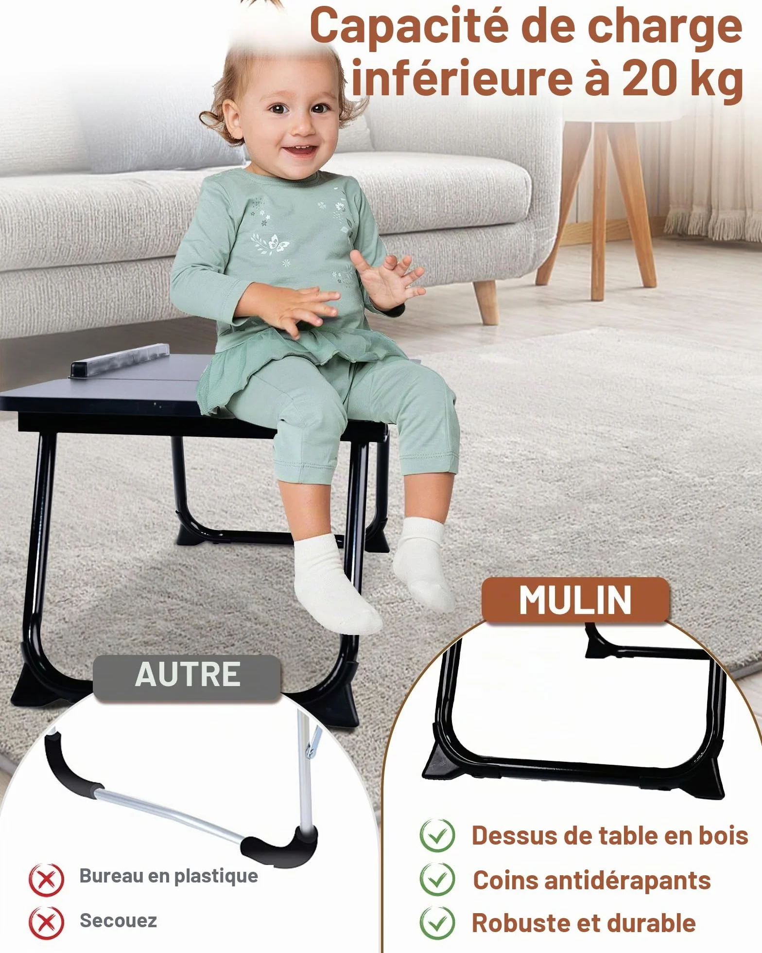 Plateau de Lit Pliable 55.5x32x25cm Table de Lit Support Ordinateur Portable 5 Positions 20kg Noir