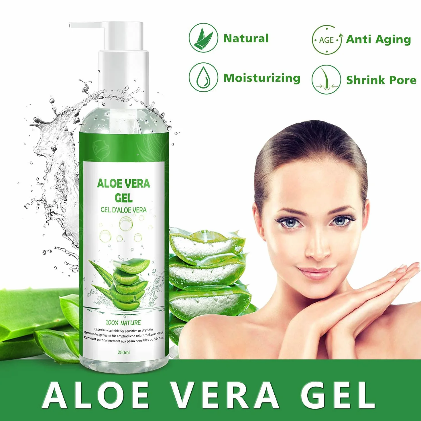 Gel d'aloe vera 100 % pur - Crème hydratante naturelle pour le visage, les cheveux, le corps