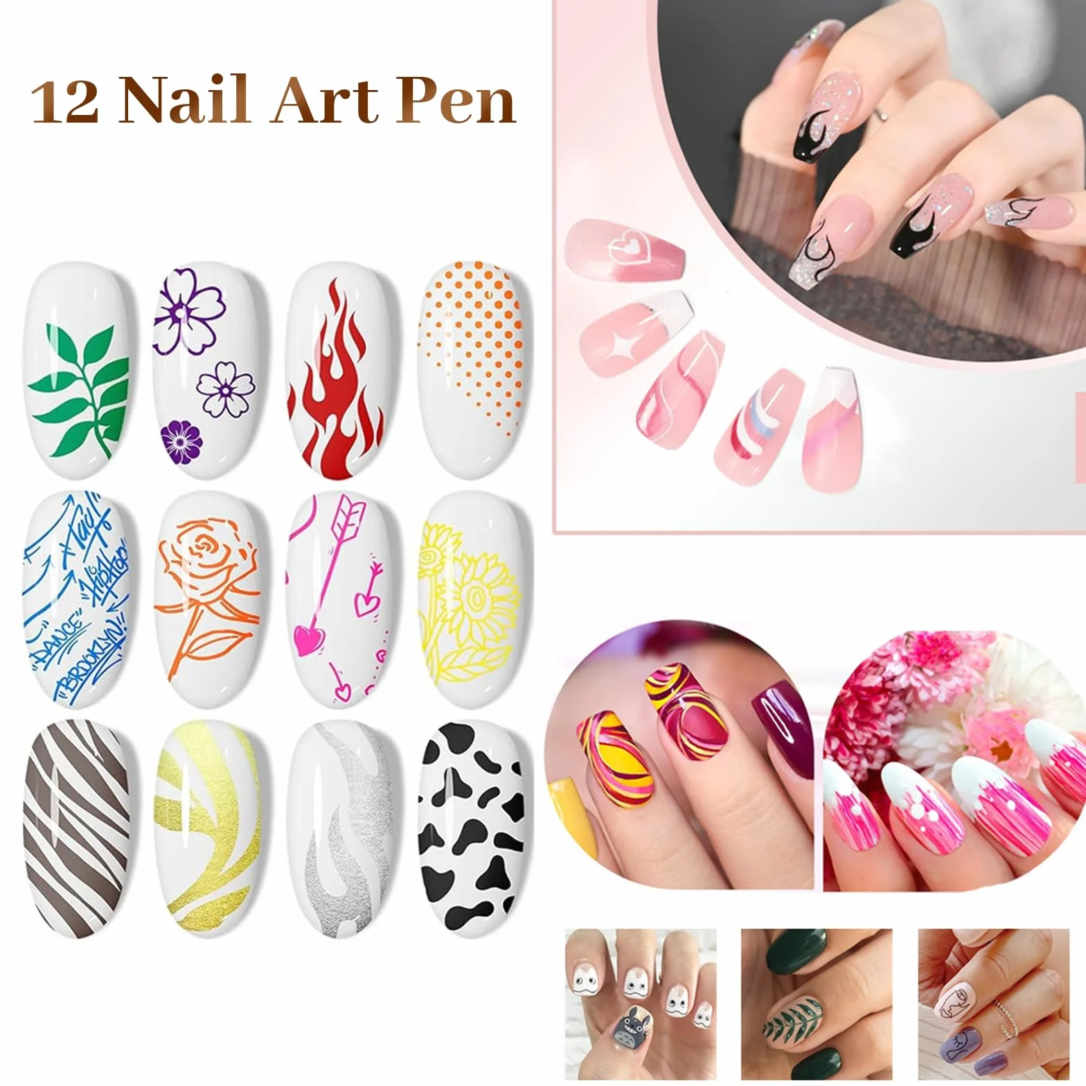 Stylo Dessin Ongles Set 12 Couleurs Marqueur Nail Art à Base d'Eau Pointe Fine DIY