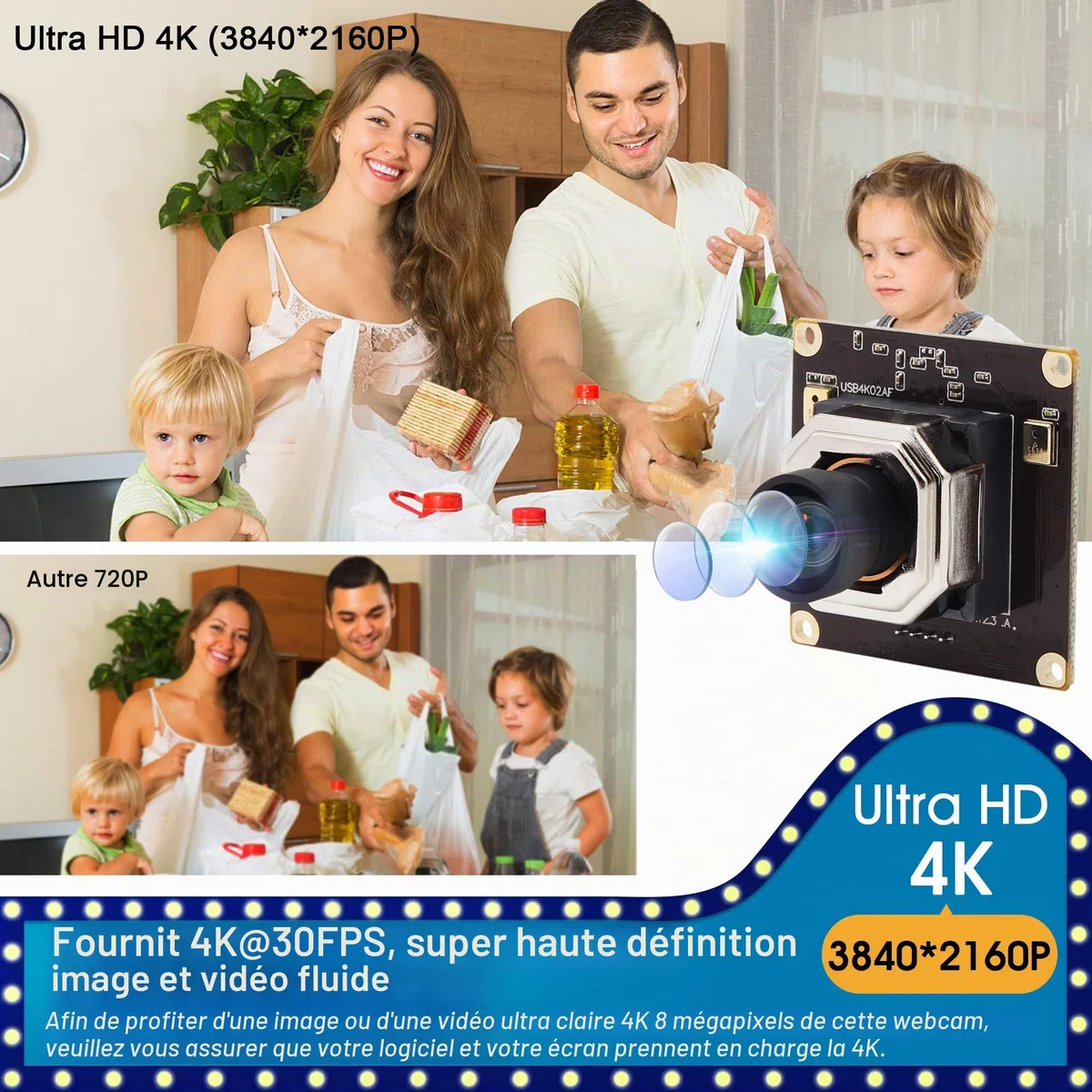ELP 4K Module de caméra autofocus Ultra HD USB avec objectif sans distorsion IMX415 Capteur 2160P 30fps Webcam USB4K02AF-V100