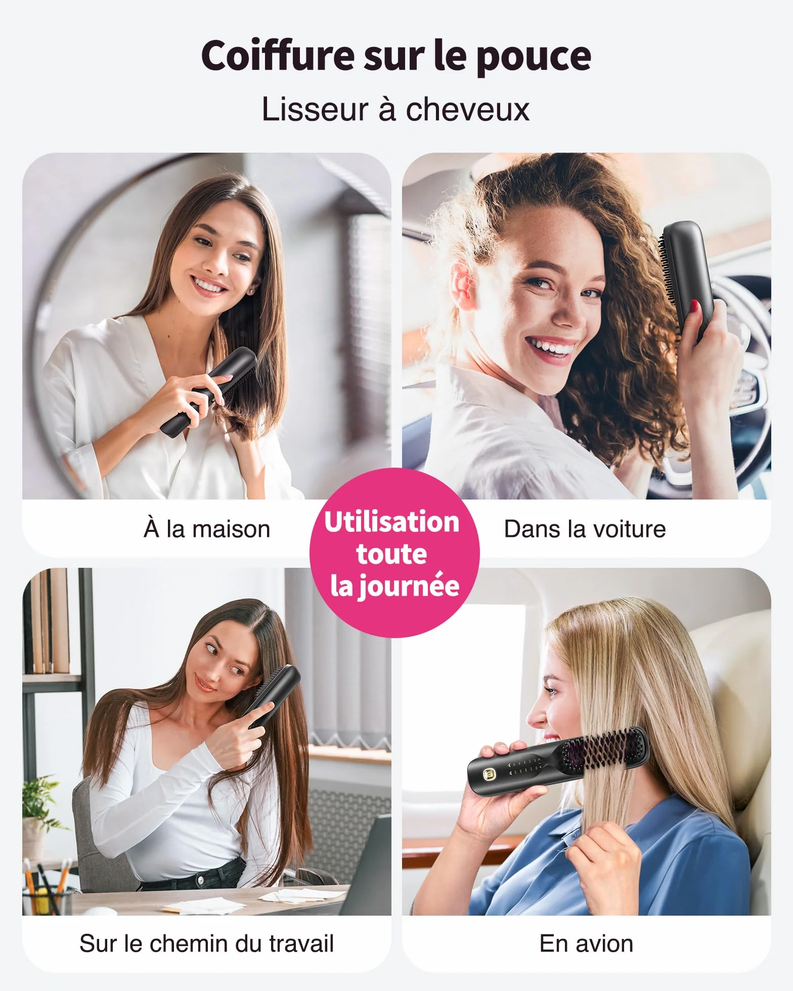 Bopcal Brosse Lissante Cheveux Sans Fil 10000mAh 3 en 1 Fer a Lisser 300 Millions d'Ions Négatifs Céramique Anti-Brûlure