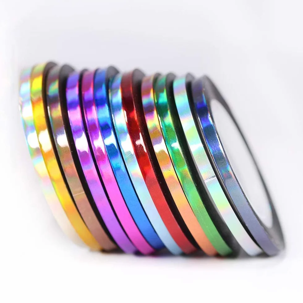 Nail Art Striping Tape Lines Kit 36 pcs 1mm 2mm 3mm Silver Holographic Chrome Nail Tape Strips for Design DIY