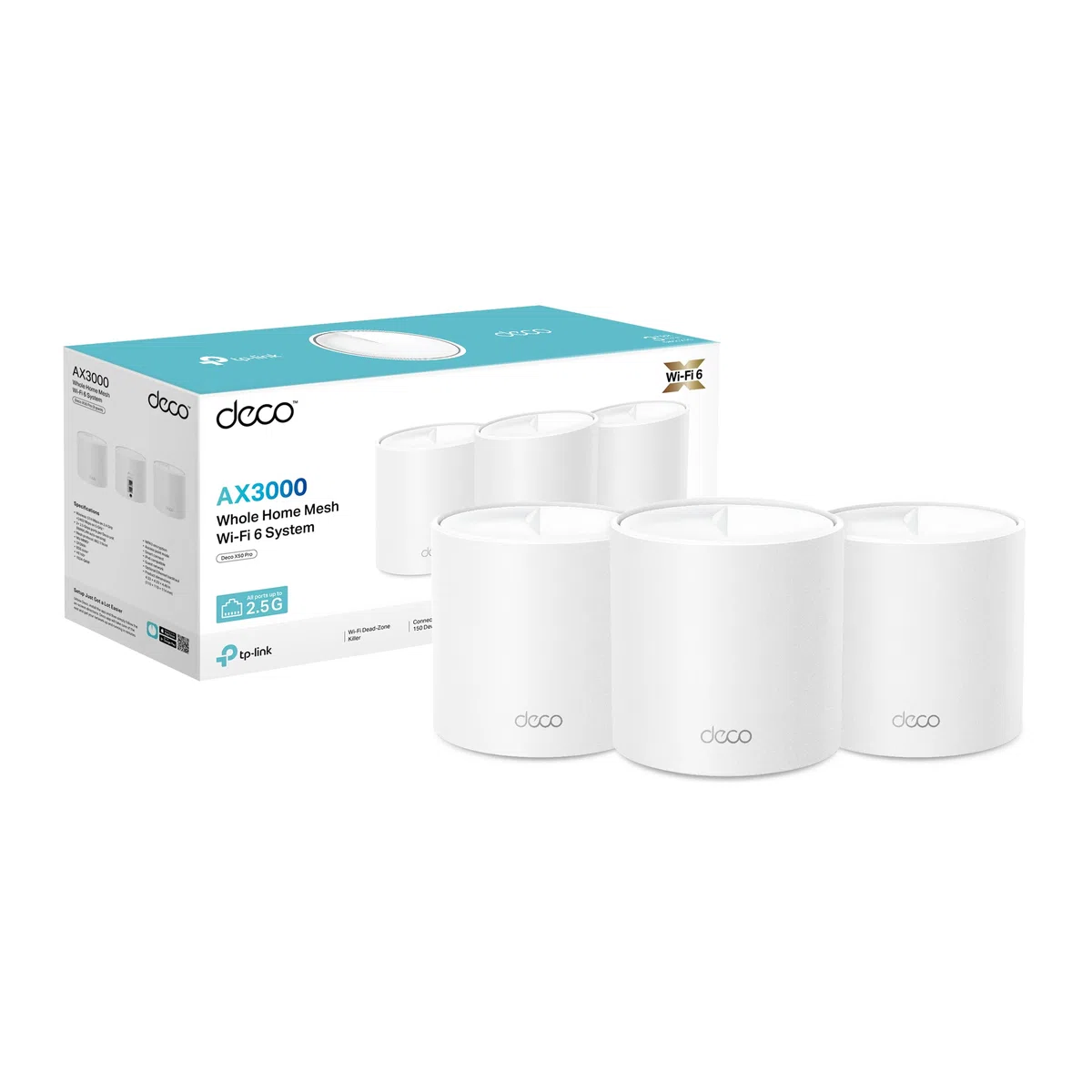 TP-Link Deco X50 Pro Mesh Lot de 3 routeurs Wi-Fi 6 AX3000 double bande et répéteur, 2 ports 2,5 G pour chaque unité, recommandé pour les maisons de 4 à 6 chambres à coucher, carafe complète