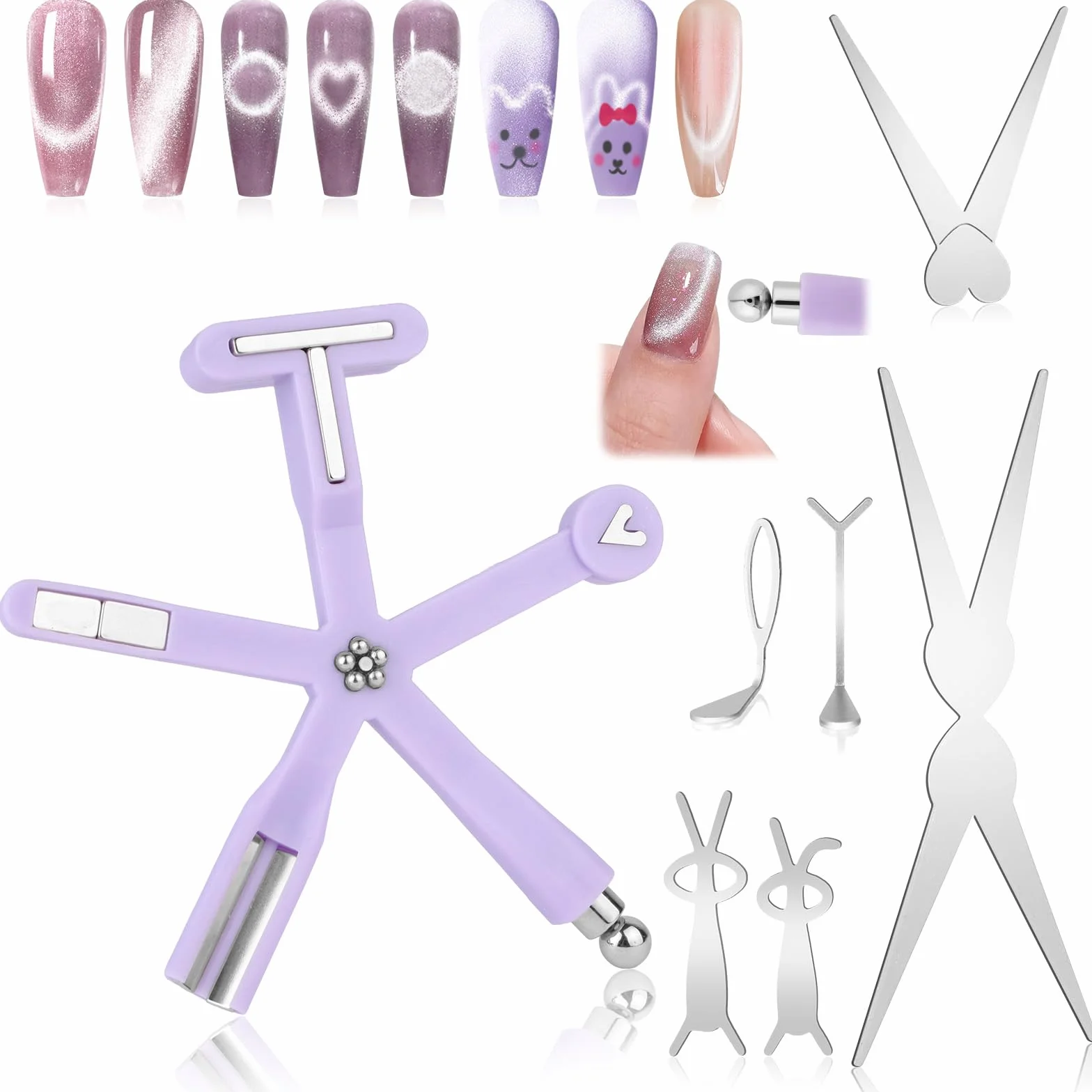 8 in 1 Cat Eye Magnet Set, 7 Pièces Aimant Ongle, Outils de Nail Art DIY avec Lapin et Cœur