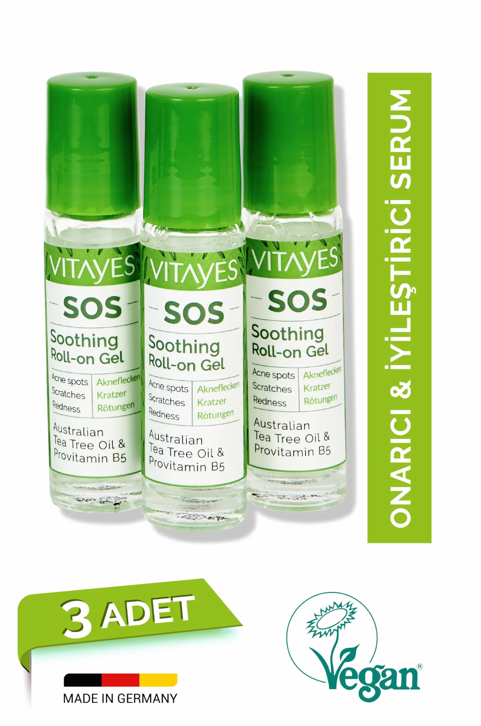Huile essentielle d'arbre à thé BIO 3 x 10 ml – Stylo roll-on contre boutons, acné, imperfections – Vitamine B5 – Végétalien sans cruauté