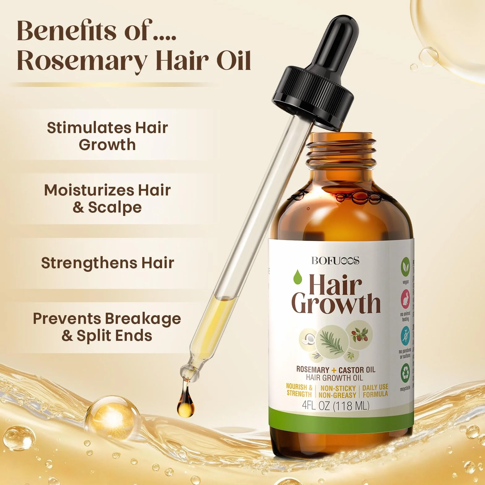 Huile de Ricin Bio Pressée à Froid, Huile de Romarin pour Cheveux avec Brosse Massage Cuir Chevelu, 118 ml