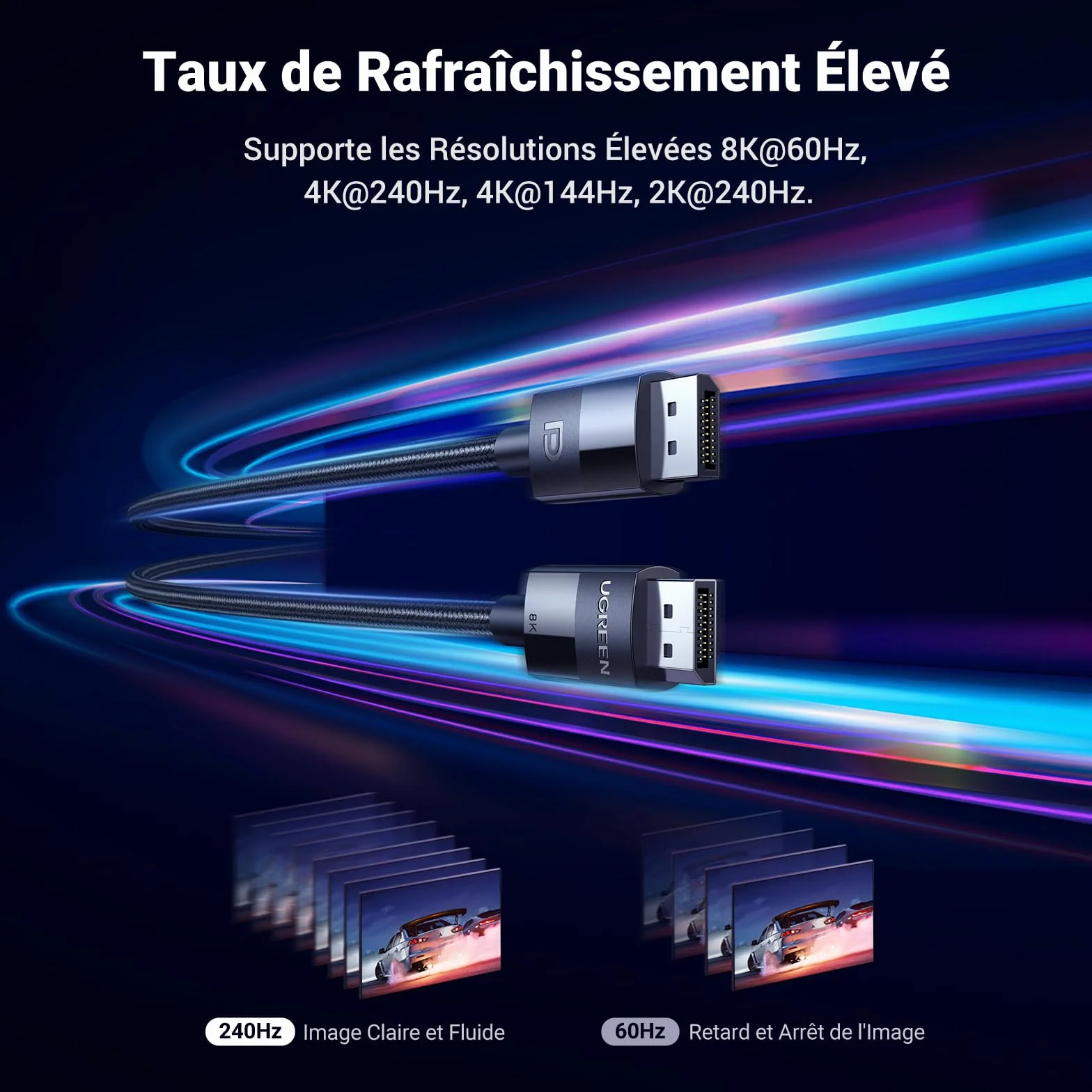 Câble DisplayPort 1.4 UGREEN 8K 60Hz 4K 240Hz HDR GSync Tressé 2M