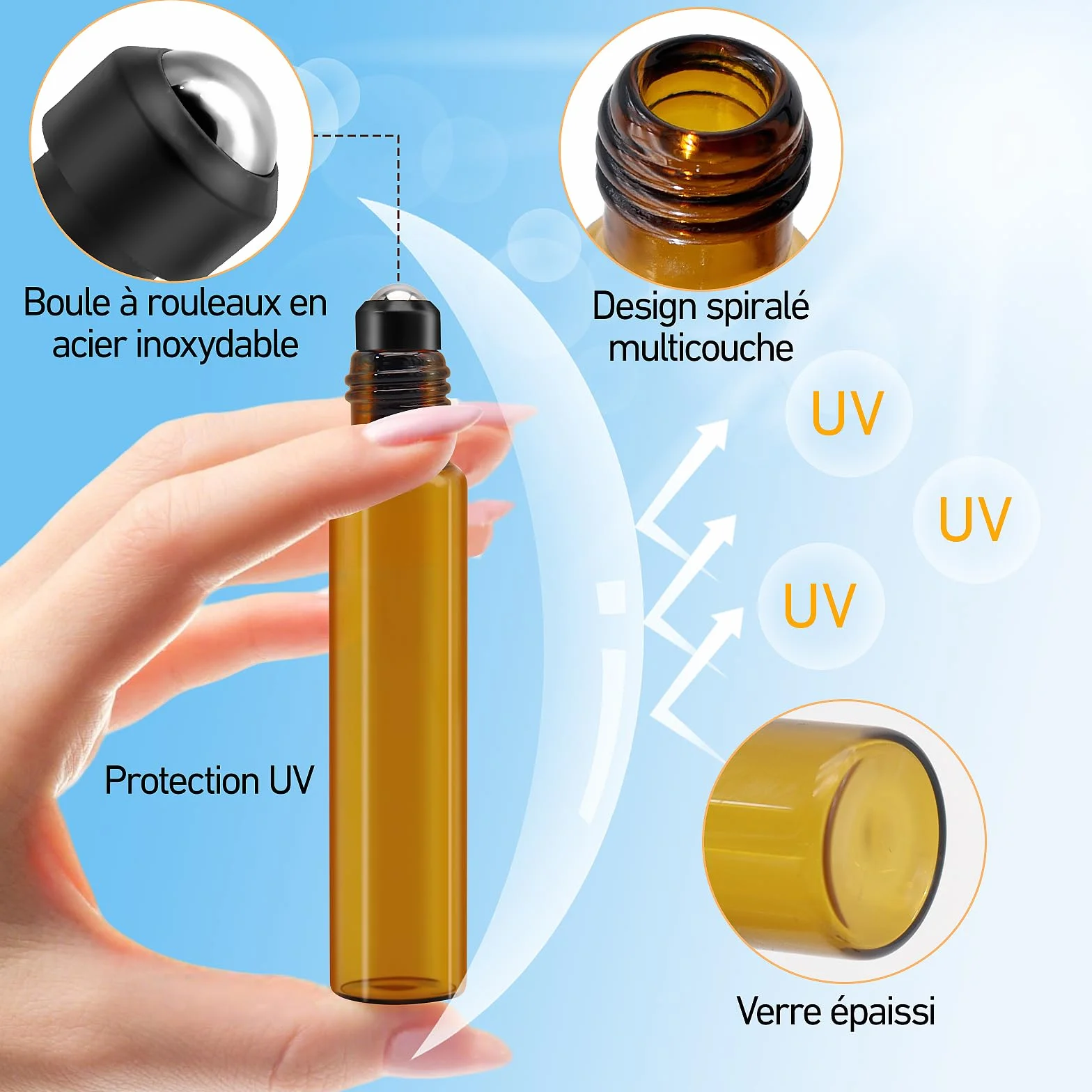 Flacon Roll On Vide 10ml Verre Couleur Thé avec Bille en Acier Inoxydable Rechargeable pour Cosmétiques Parfums