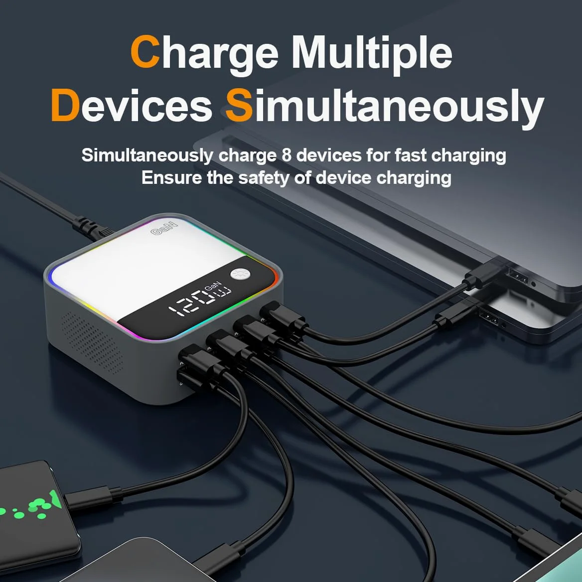 120W Chargeur rapide, station de charge USB C GaN à 8 ports avec port de charge rapide PD3.0 et QC3.0 de 100W et affichage numérique intelligent
