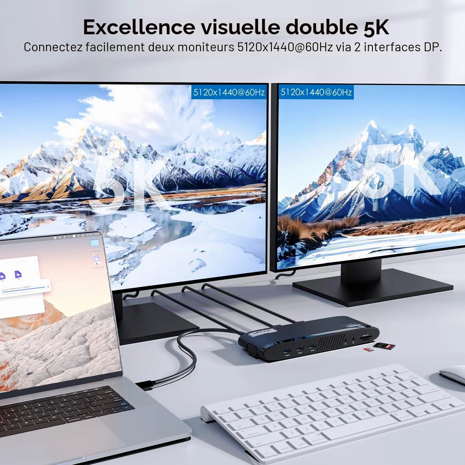 WAVLINK Station d'accueil pour Deux écrans 5K, Docking Station avec PD 100W, 2x4K HDMI, 2x4K/5K DP, 5 Ports USB, SD/TF, Ethernet,Audio, Station d'accueil USB C pour MacBook Neo,Mac M1/M2/M3/M4/Windows