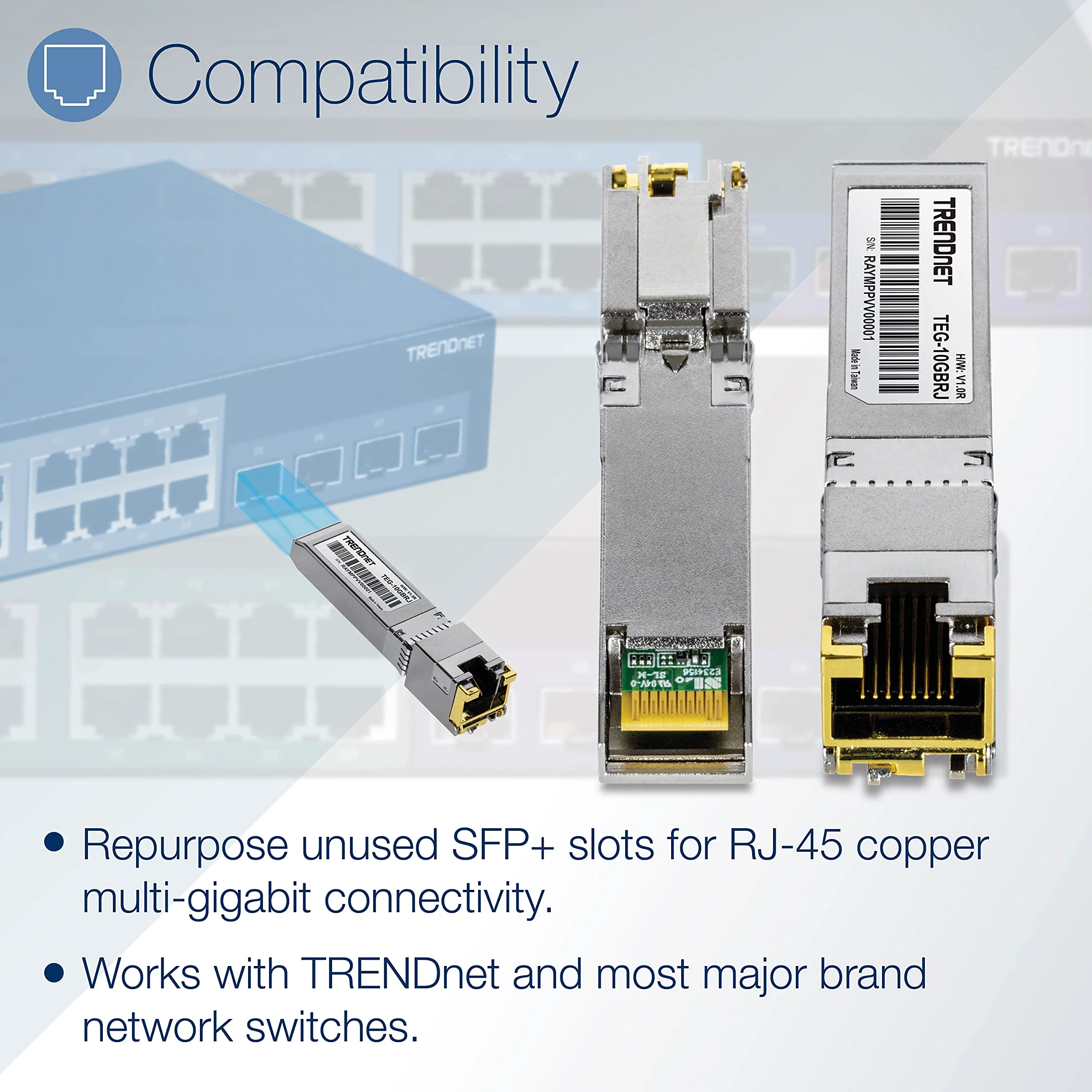 TRENDnet Module SFP+ en cuivre RJ-45 10 G, convertit Un Emplacement SFP+ Standard en Un Port RJ-45 Multi-Gigabit, connecte des appareils jusqu'à 30 m, branchable à Chaud, argenté, TEG-10GBRJ