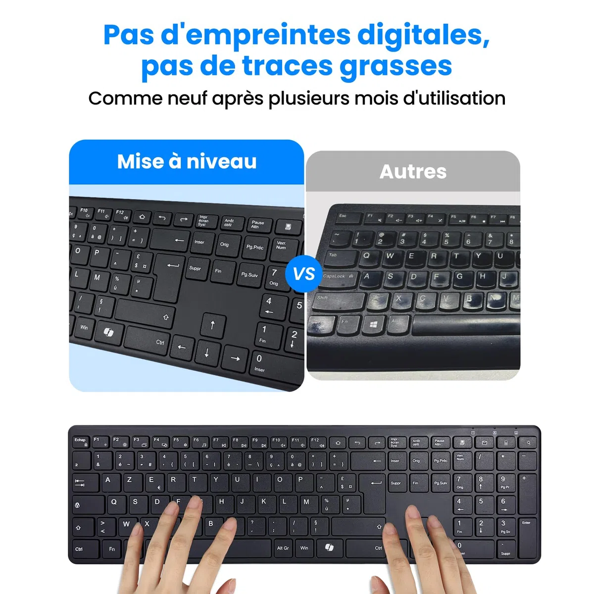 INFINMIND Clavier Sans Fil AZERTY, Ultra-Mince Clavier Silencieux Sans Fil avec 2,4 G USB Récepteur /Type-C,19 Raccourcis Multimédia Numérique Pavé Longue Batterie Autonomie pour Desktop,MAC,Windows