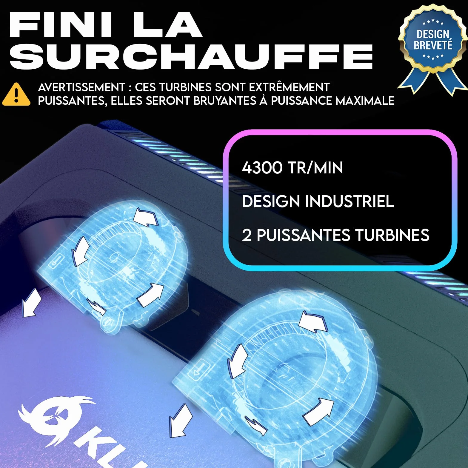 KLIM Mistral Support Ordinateur Portable Ventilé Refroidisseur PC Portable Turboventilateur 4500 RPM Joint Caoutchouc 14-17"