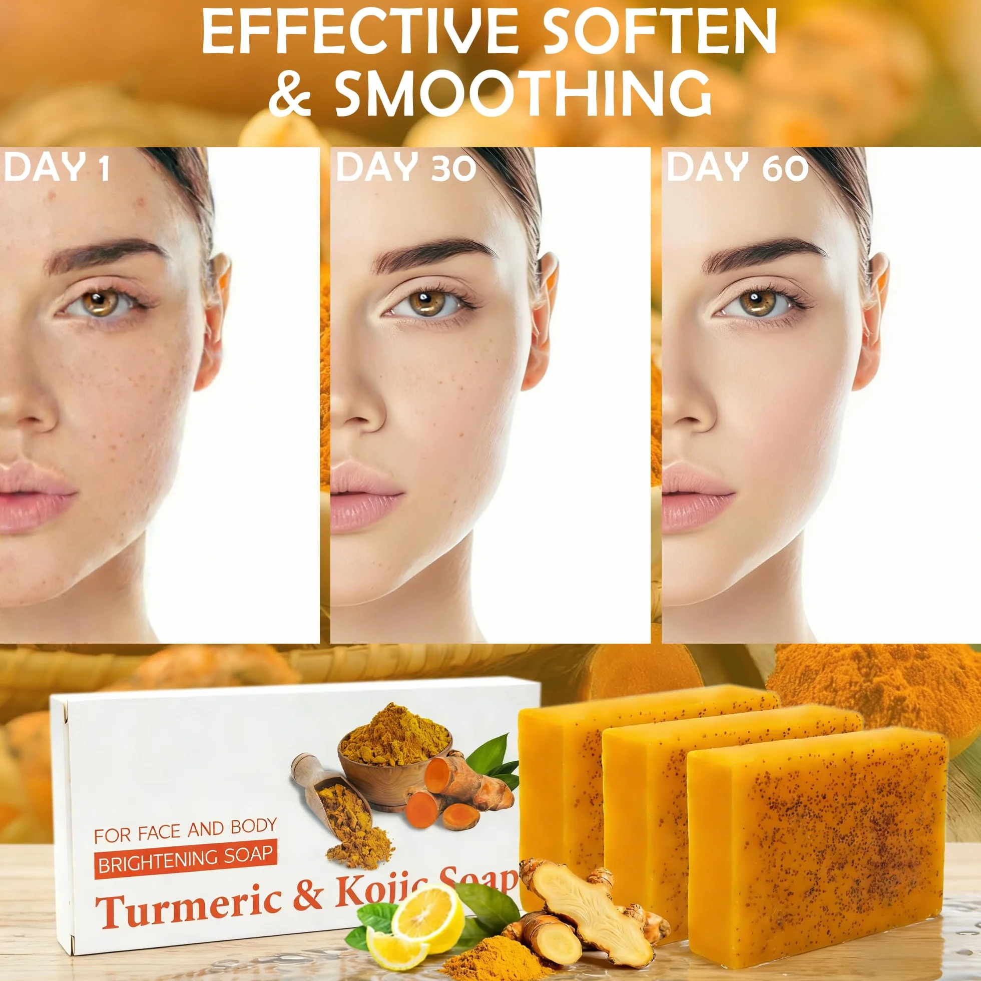 Savon Curcuma Visage et Corps Kojic Acid Soap Éclaircissant Anti-Taches Brunes Acné Hyperpigmentation Teint Uniforme Lot de 3