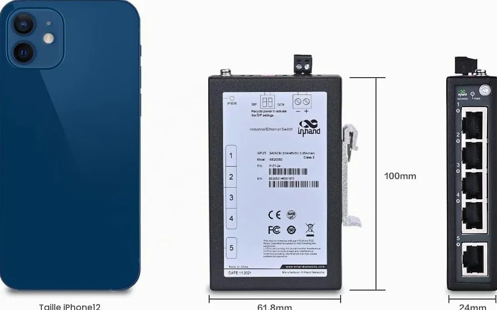 InHand Networks ISE2005D Switch Ethernet Industriel 5 Ports 10/100 Mbps, Commutateur Réseau Non Géré pour Rail DIN, Ultra-Compact, -40°C à +75°C, Certifié CE/UL (Bornier Inclus)