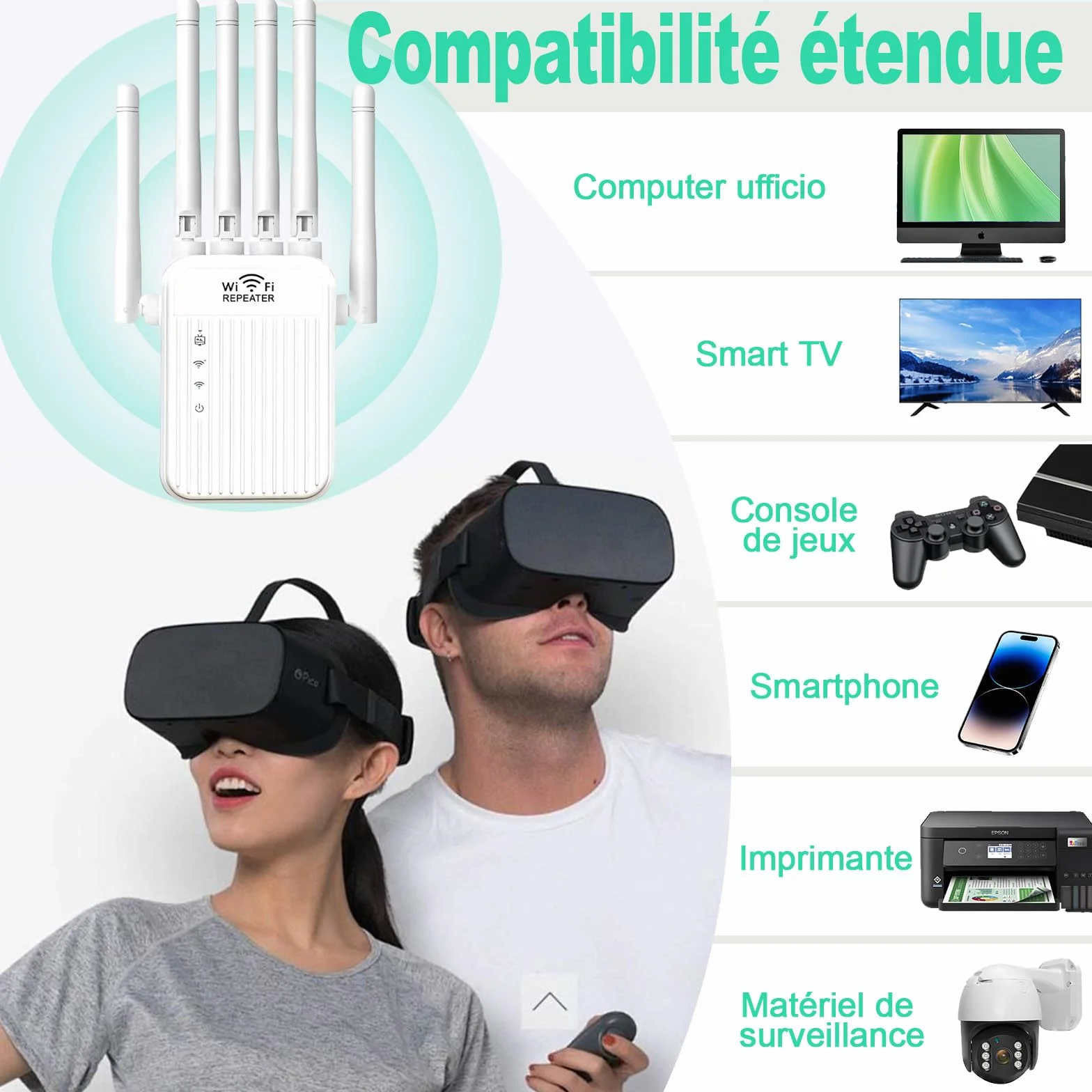 Répéteur WiFi 5G 2.4G Amplificateur de Signal 6 Antennes 1000 m² 2 Ports RJ45 LAN Mode Répéteur Routeur AP