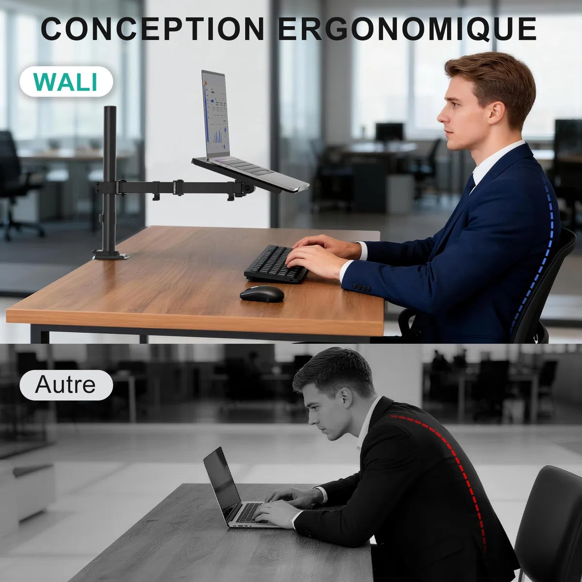 WALI Support de Bureau pour Ordinateur Portable jusqu'à 17", entièrement réglable, capacité de 10 kg avec Support de Plate-Forme de Refroidissement ventilé (M00LP)