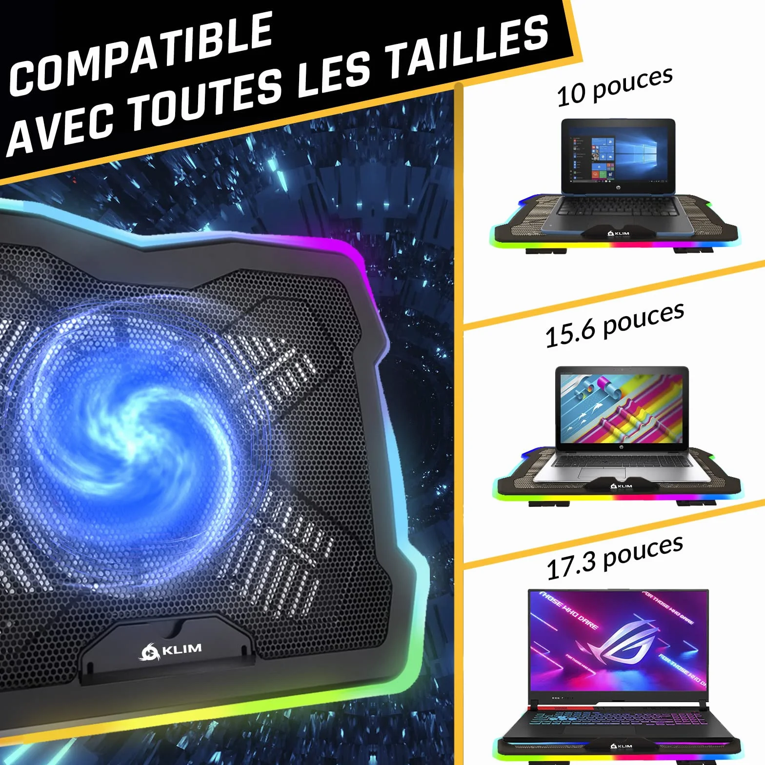 KLIM Ultimate Refroidisseur PC Portable 11" à 17" - Éclairage RGB - Support Ordinateur Portable Gaming - Ventilateur USB