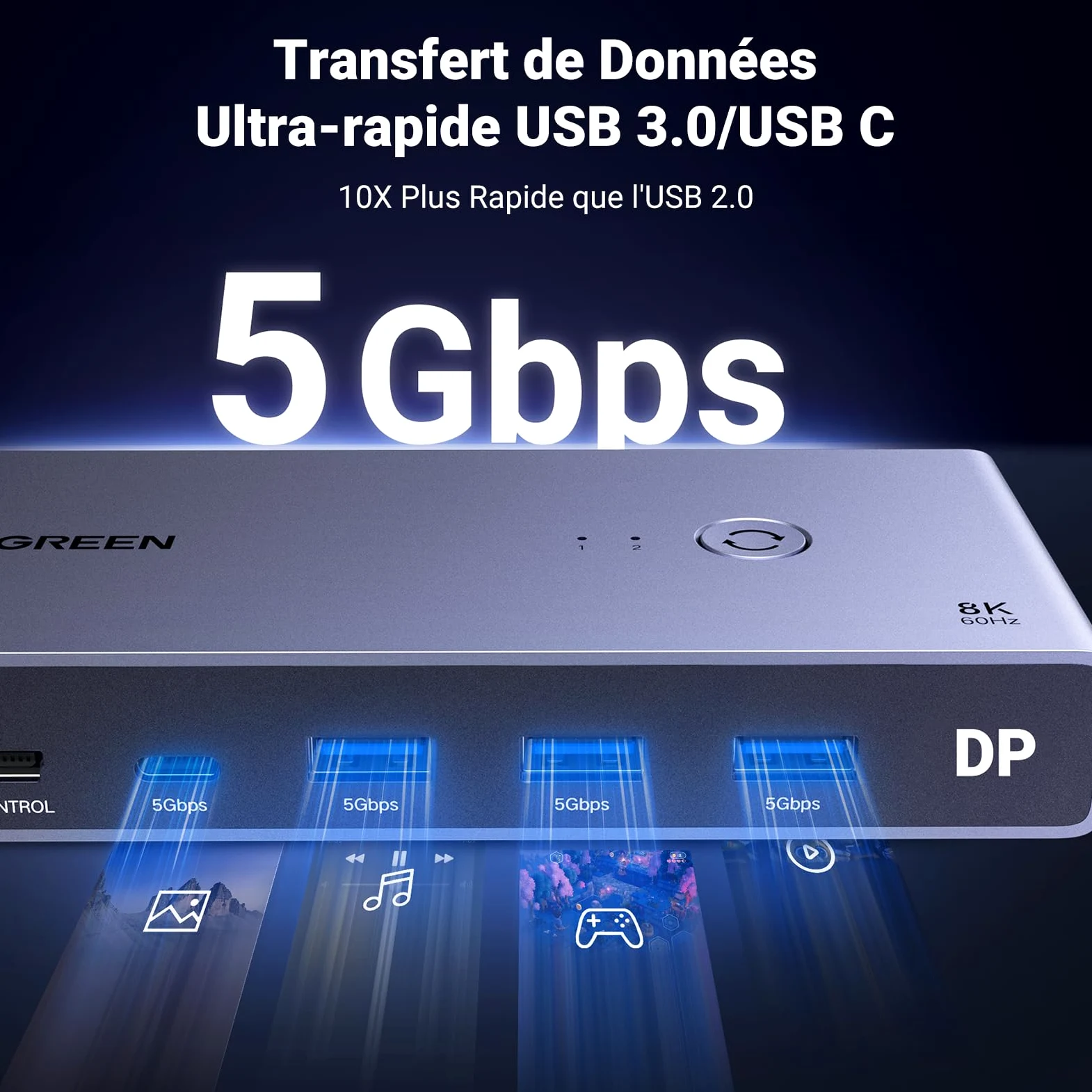 UGREEN Switch KVM Displayport 1.4 8K 60Hz 2 Entrées 1 Sortie Commutateur | 4K 240Hz USB C 3 USB A pour Clavier Souris Disque Dur Imprimante Moniteur avec Contrôleur de Bureau 2 Câbles DP 1M