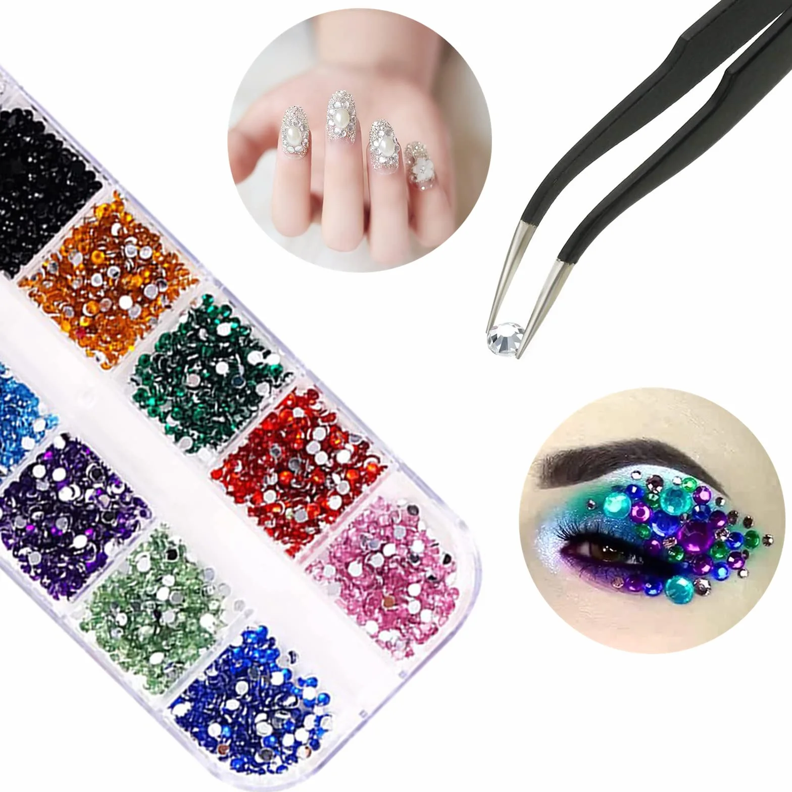 Strass art d'ongle 2500 pièces 2mm cristal rond à dos plat avec pincette pour nail art décoration ongles et bijoux