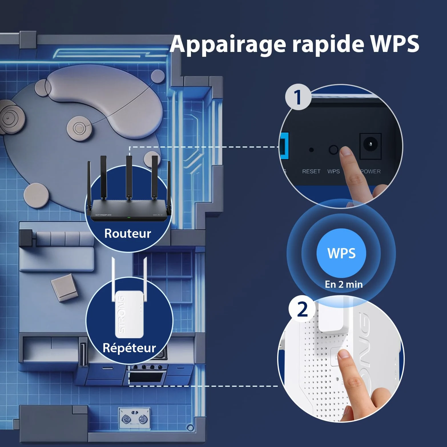 STRONG Répéteur WiFi 7 BE3600, Amplificateur WiFi Double Bande | 3600 Mbps, WiFi 7, MLO, Double Bande, Répéteur WiFi, Port Ethernet Gigabit, 2 antennes externes, Point d'accès