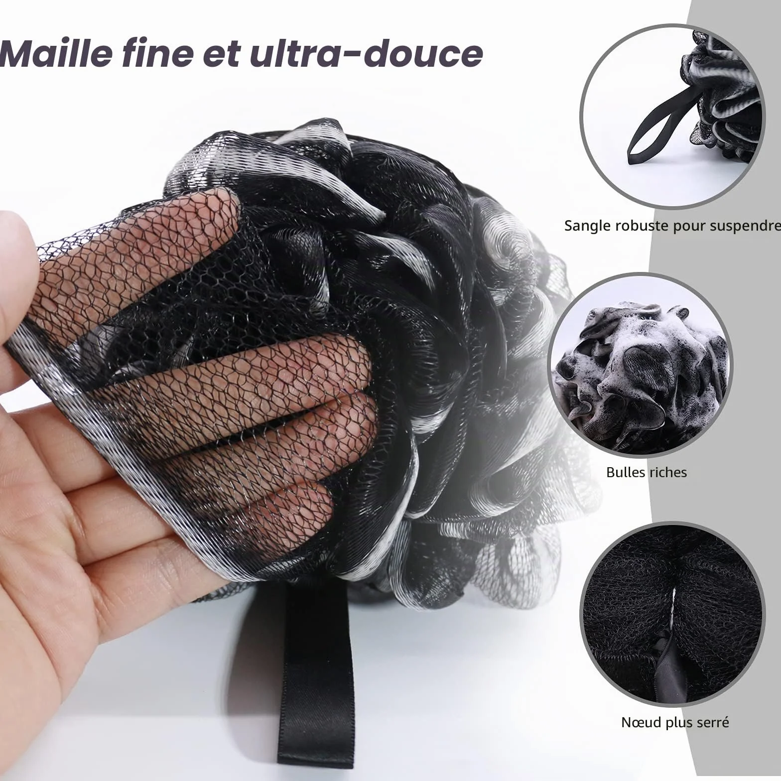 Lot de 3 éponges de bain en maille XL 75 g Luffa loofa pour femmes hommes enfants