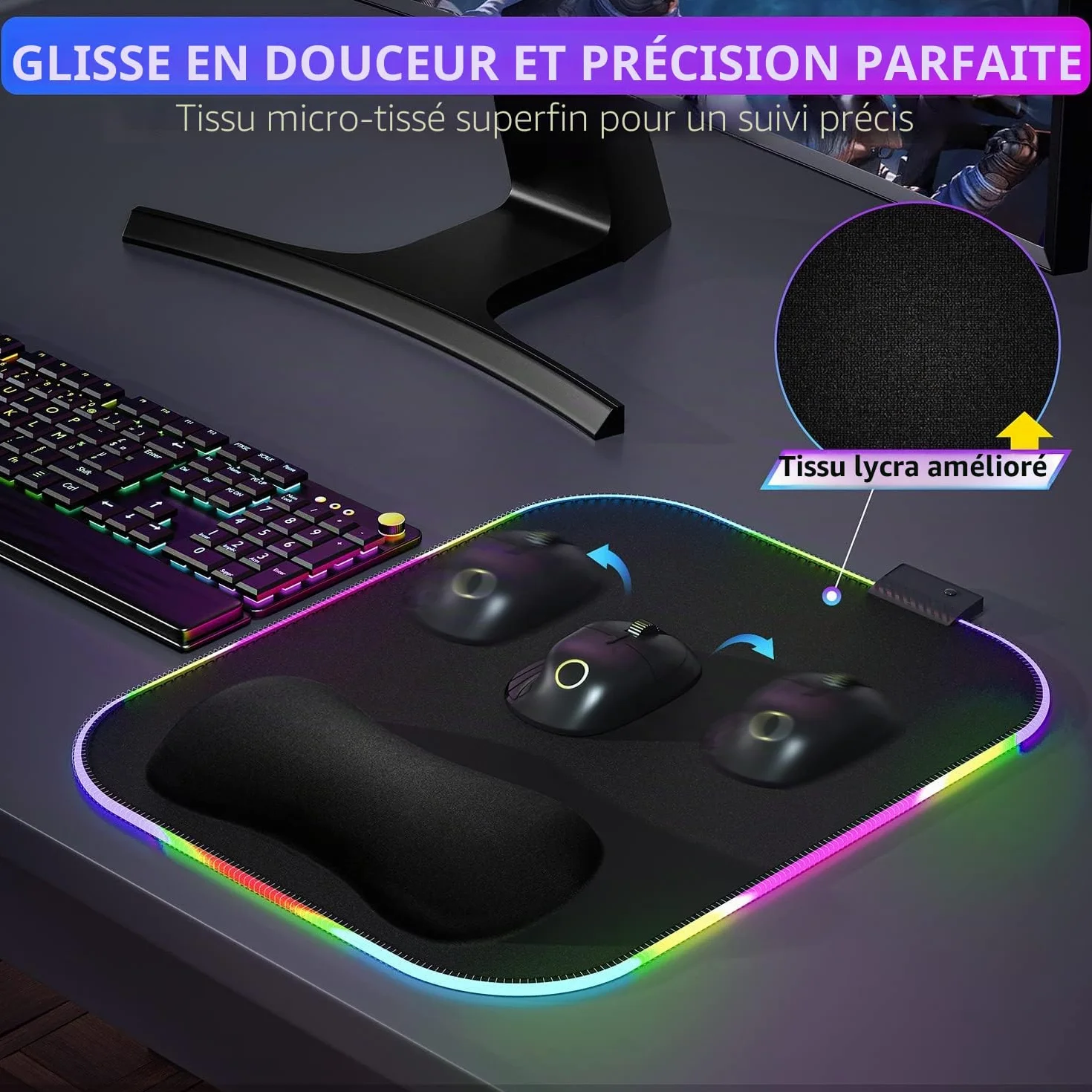 Gimars Tapis de Souris Gaming RGB 305x254mm XL Repose Poignet Gel Base Antidérapante Tissu Lycra