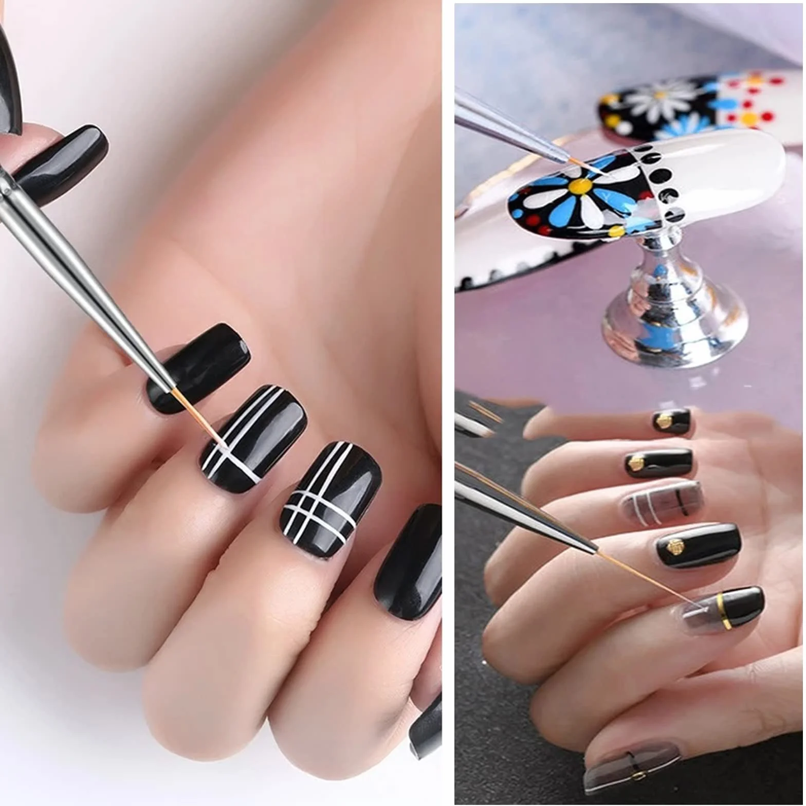 Lot de Pinceau Nail Art 15 pièces, Pinceaux à Ongles, Stylo Dessin, Noir + Violet