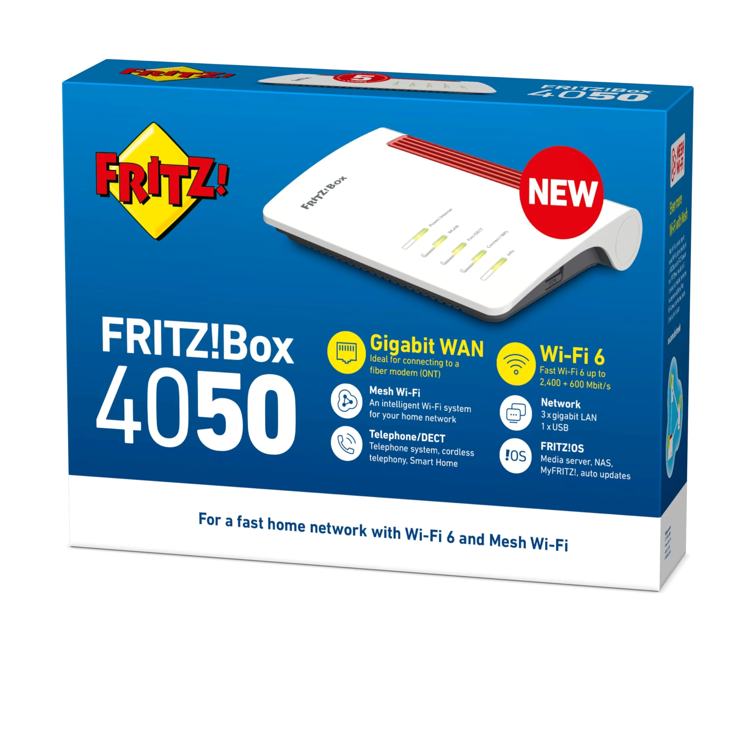 Fritz!Box 4050 | Routeur Mesh Wi-FI 6 |Wi-FI jusqu'à 3000 Mbit/s | 1 Port WAN Gigabit pour Connexion Internet sur Le Modem | 3 Ports LAN Gigabit | Base DECT | USB 2.0 | Version Internationale | Wi-Fi bi-bande (2,4/5 GHz), pour connexion à un modem fibre,