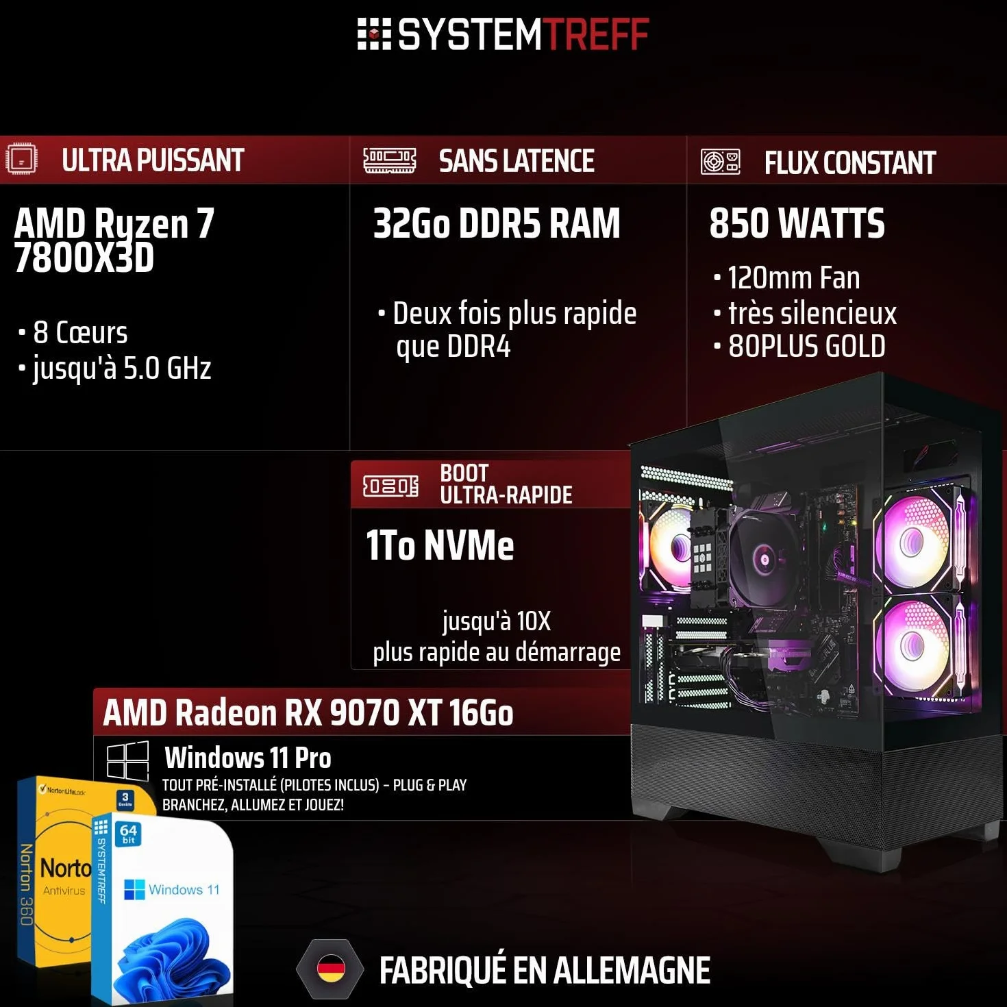 PC Gamer AMD Ryzen 7 7800X3D RX 9070 XT 16Go 1To M.2 NVMe 32Go DDR5 Windows 11 Ordinateur de Bureau