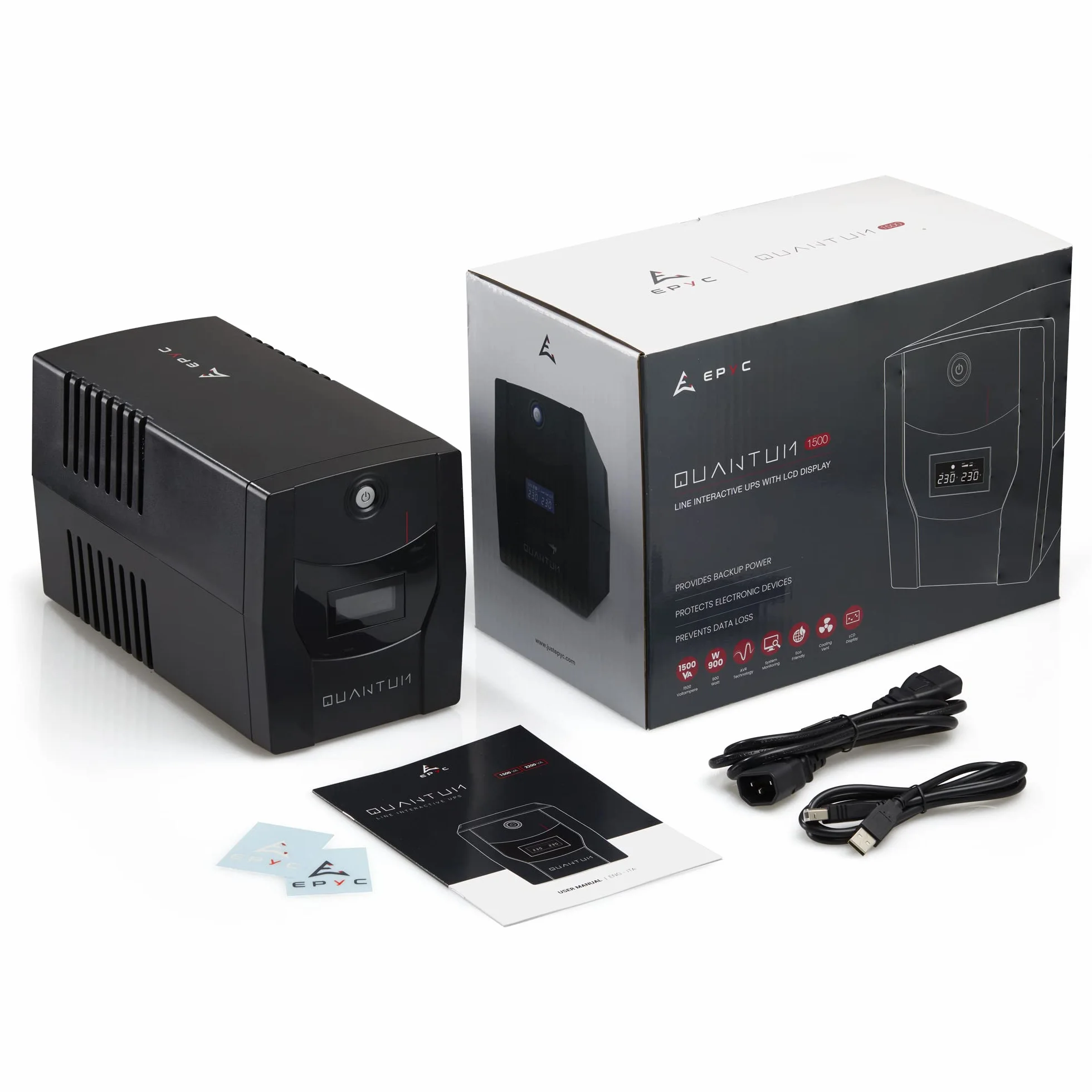EPYC Quantum Onduleur UPS 2200VA 1320Watt Line Interactive 5 Prises Schuko IEC Écran LCD