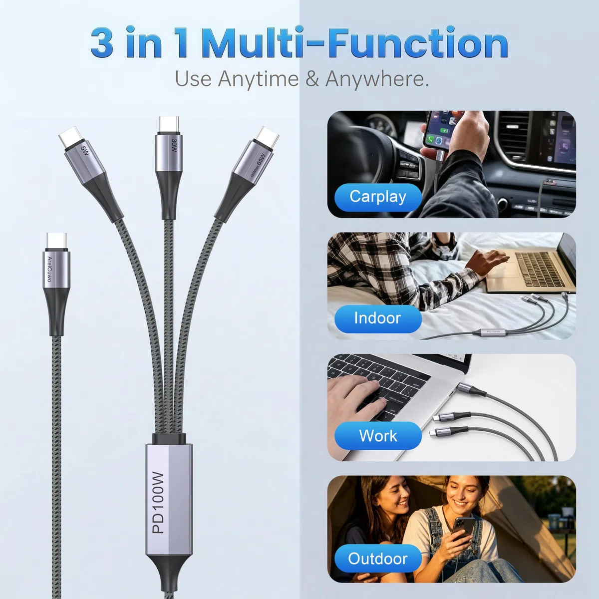 Câble de charge répartiteur USB C, câble de charge double de type C, câble multiple 3 en 1 en nylon tressé avec 3 connecteurs de type C compatible avec IP 15 Pro Max/Galaxy/Tablettes/Google