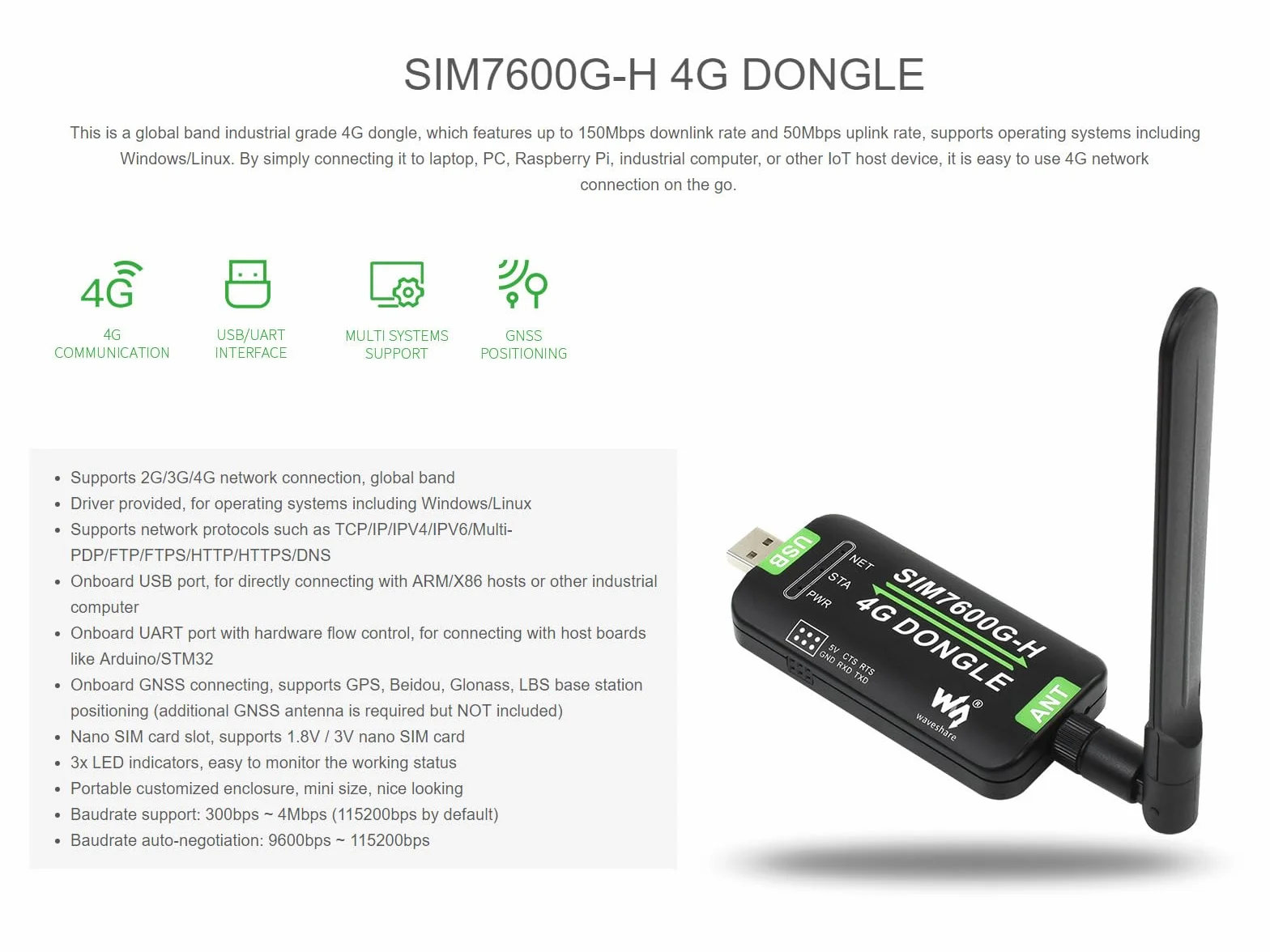 Waveshare SIM7600G-H 4G Dongle Global Band Industrial GNSS 50Mbps