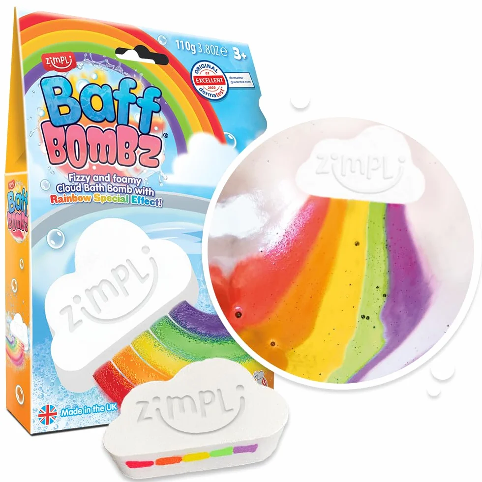 ZIMPLI Grande Bombe de Bain Nuage Arc-en-Ciel Baff Bombz, Effet Arc-en-Ciel pour Enfants 4-9 Ans