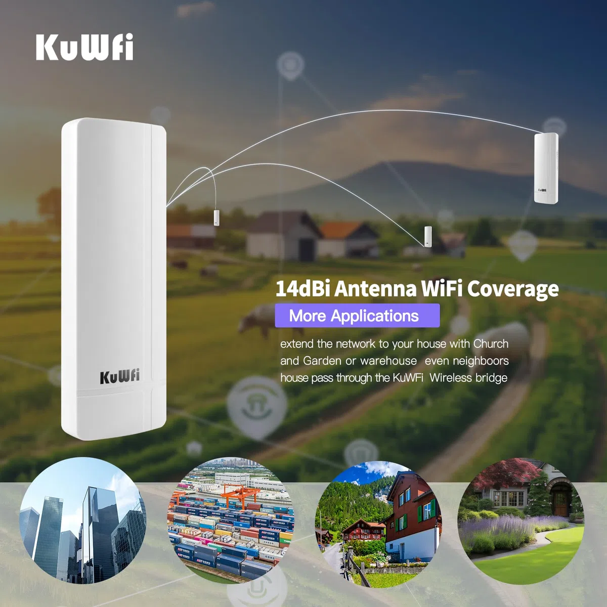 KuWFi Pont PoE sans Fil 900 Mbps avec Port Gigabit, Wi-FI Point à Point 5,8 GHz avec antenne à Gain élevé de 14 dBi, répéteur Wi-FI prenant en Charge Une portée de 3 km, PTP/PTMP