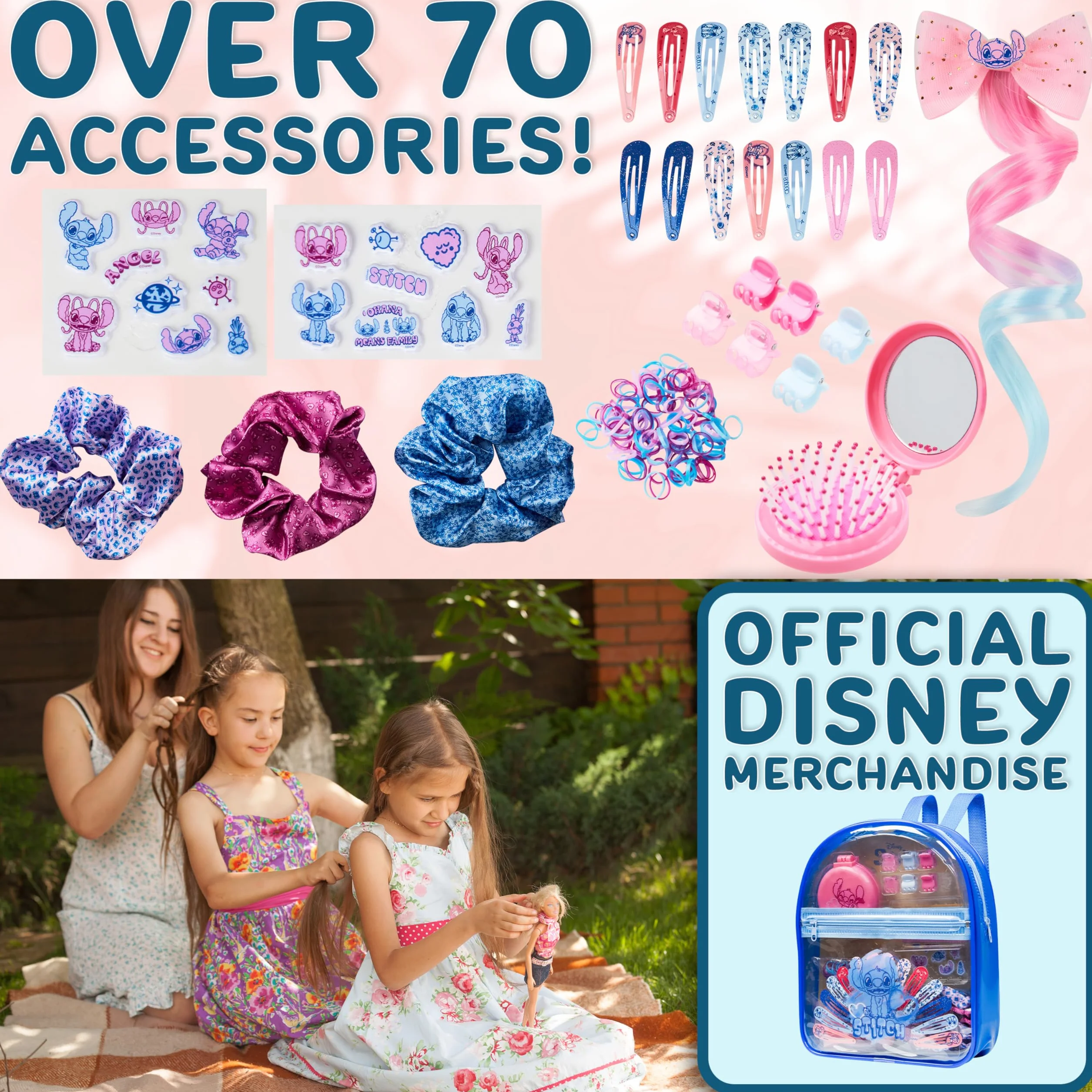 Disney Stitch Coffret Accessoires Cheveux Fille Sac à Dos Transparent Barrettes Stickers Brosse Pliable Chouchous Cadeau Enfant Bleu