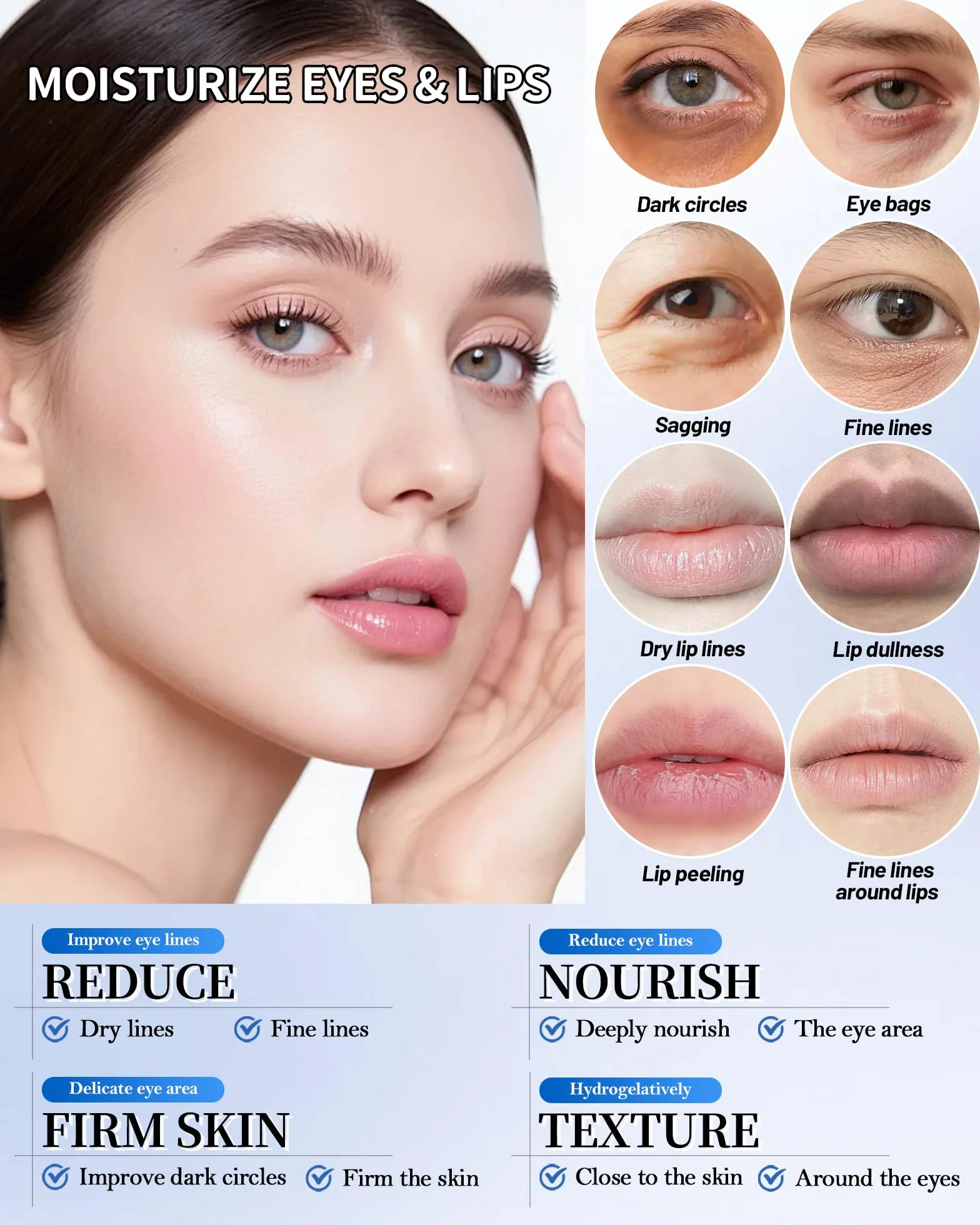 Lot de 8 Masques Yeux et Lèvres au Collagène Cristal Pêche Patchs Anti-Cernes Poches Rides Set Soins Cadeau Femme