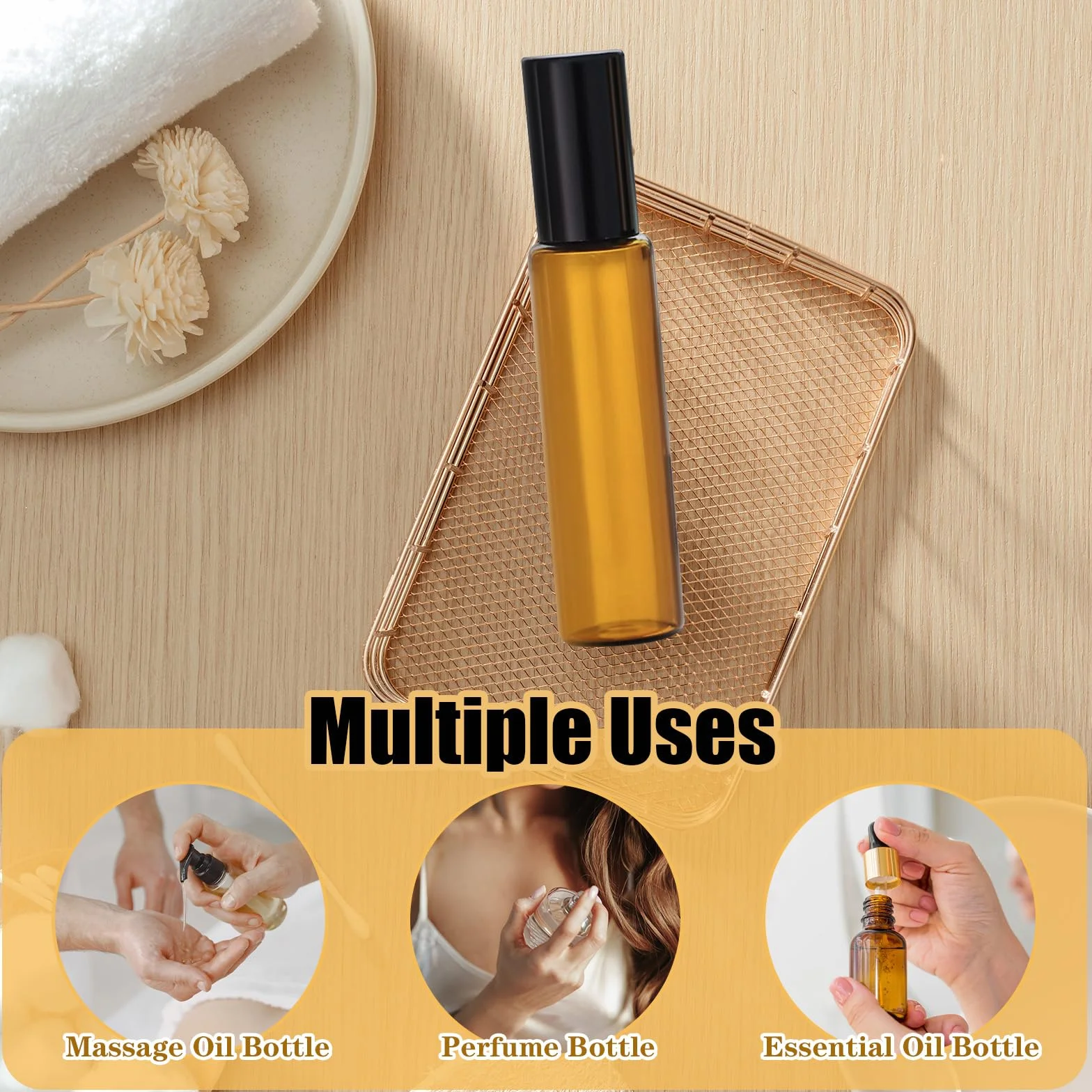 Flacon Roll on Vide en Verre 10ml, Bille Acier Inoxydable, Huile Essentielle, Réutilisable, Bouteille Parfum Aromathérapie