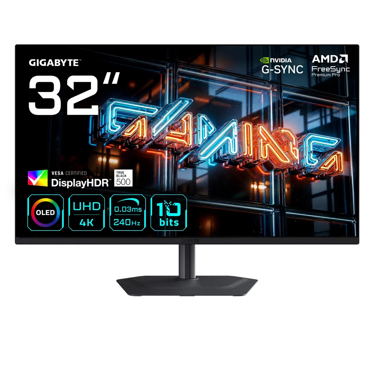 GIGABYTE MO32U24 Moniteur Gaming OLED 32” 4K UHD - 3840 x 2160, 240Hz, 0.03ms, 300 CD/m², G-Sync Compatible, FreeSync Premium Pro, Display HDR True Black 500, HDMI 2.1, DisplayPort 1.4