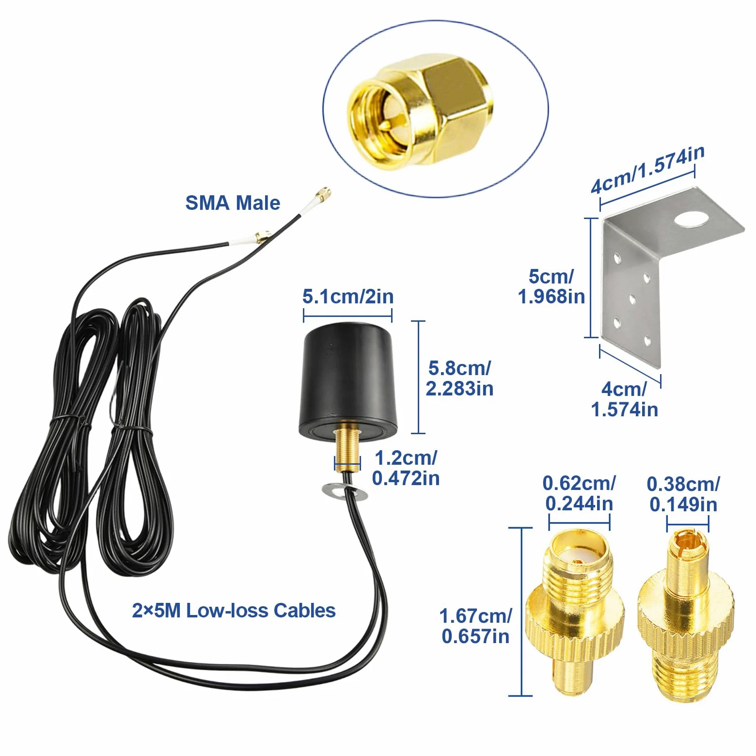 Antenne MIMO 5G 4G LTE 600-6000 MHz Antenne 5 dBi Omnidirectionnelle Extérieure avec Câbles BMR200 SMA Mâle 5M et Adaptateurs TS9 pour Routeur Passerelle Modem WiFi IoT ISM