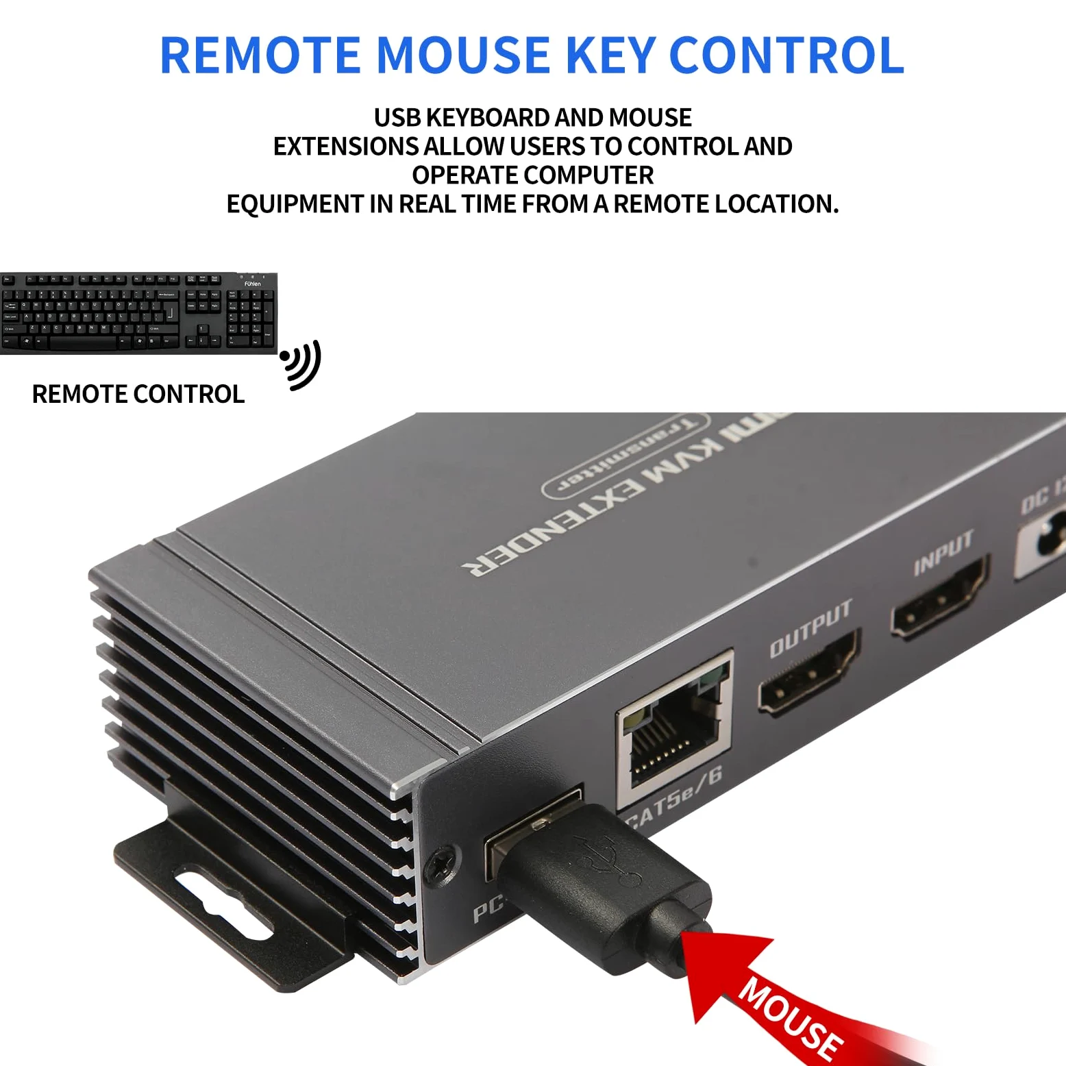 Rallonge HDMI KVM 60 m avec contrôle KVM USB RJ45 60 m sur Cat5e/Cat6 POC avec support en boucle pour clavier et souris USB pour ordinateur PC